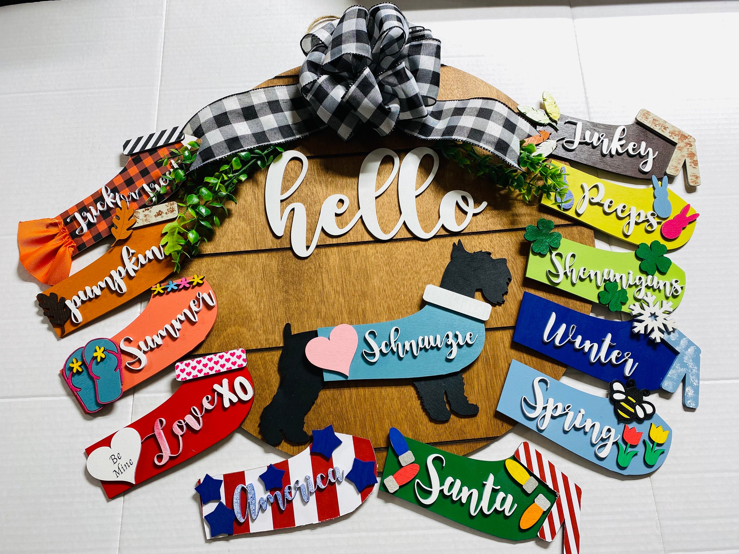 Hello Schnauzer - Interchangeable Holidays Seasons - Large Round Wooden Shiplap Door Hanger / Wreath/Sign - Gift Mom