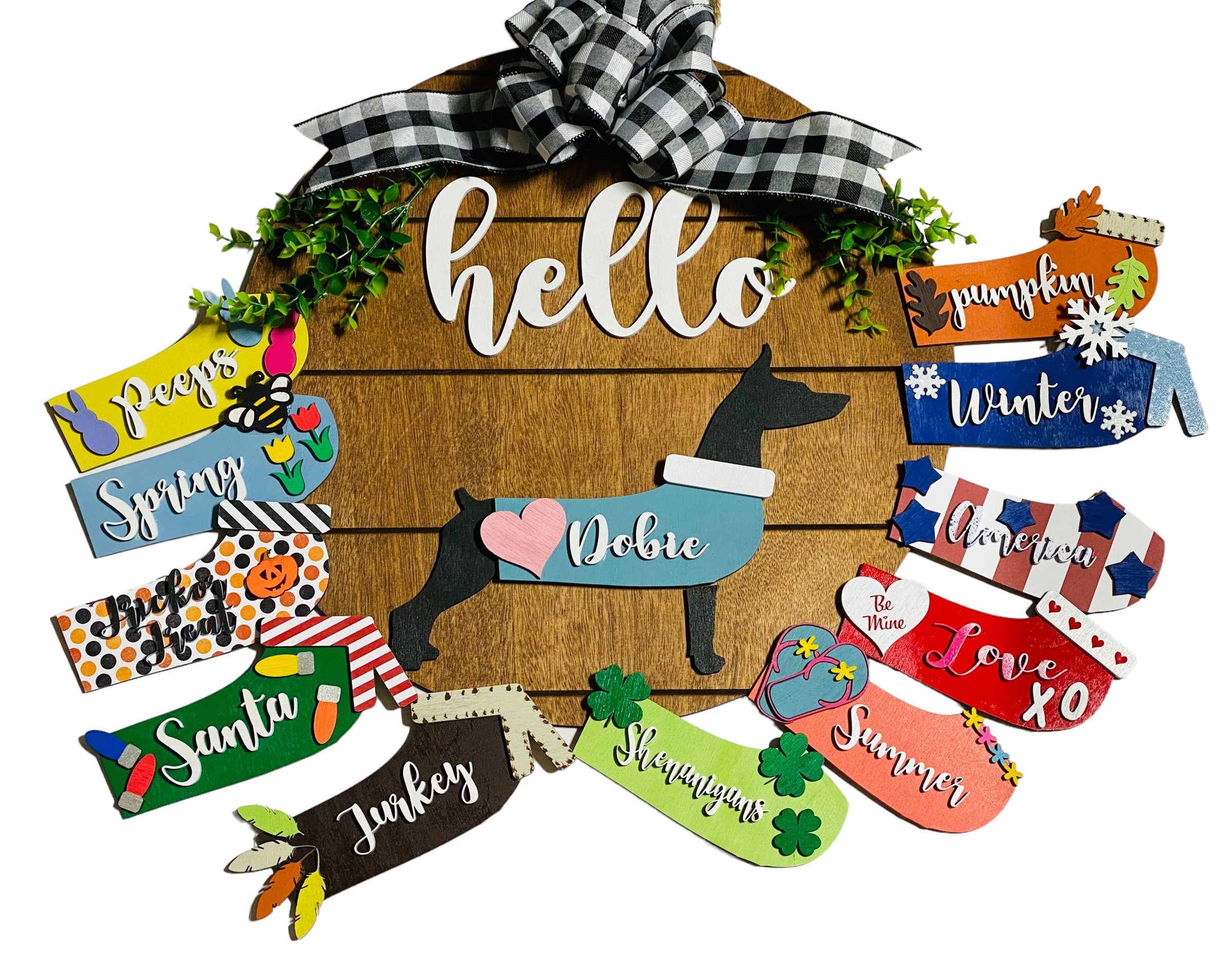 Hello - Doberman - Dog - Interchangeable Holidays Seasons - Large Round Wooden Shiplap Door Hanger / Wreath/Sign - Gift Mom