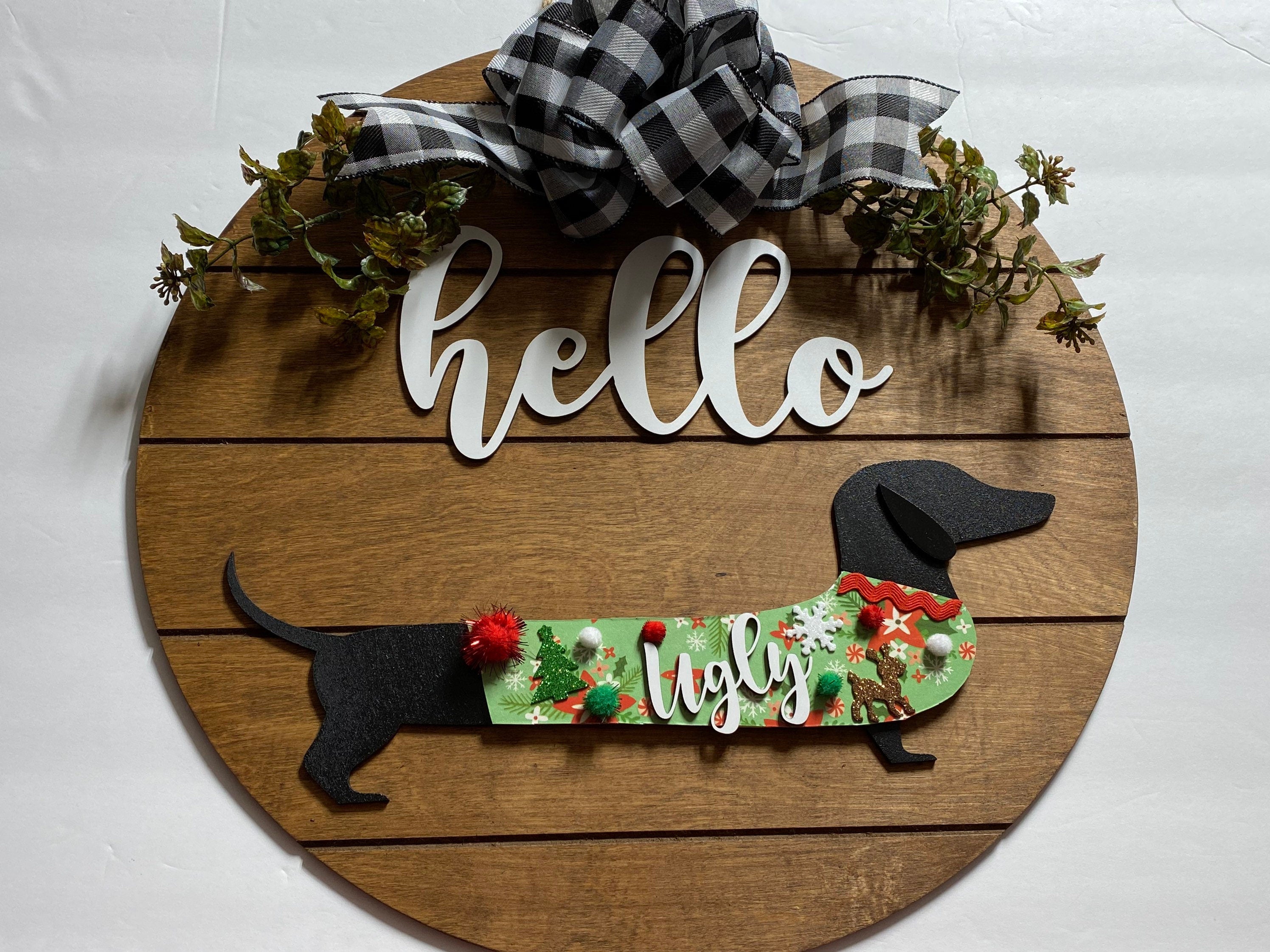 Add on Outfit for Dachshund Doxie - Ugly Sweater - Weiner Dog - Large Round Wooden Shiplap Door Hanger / Wreath / Sign