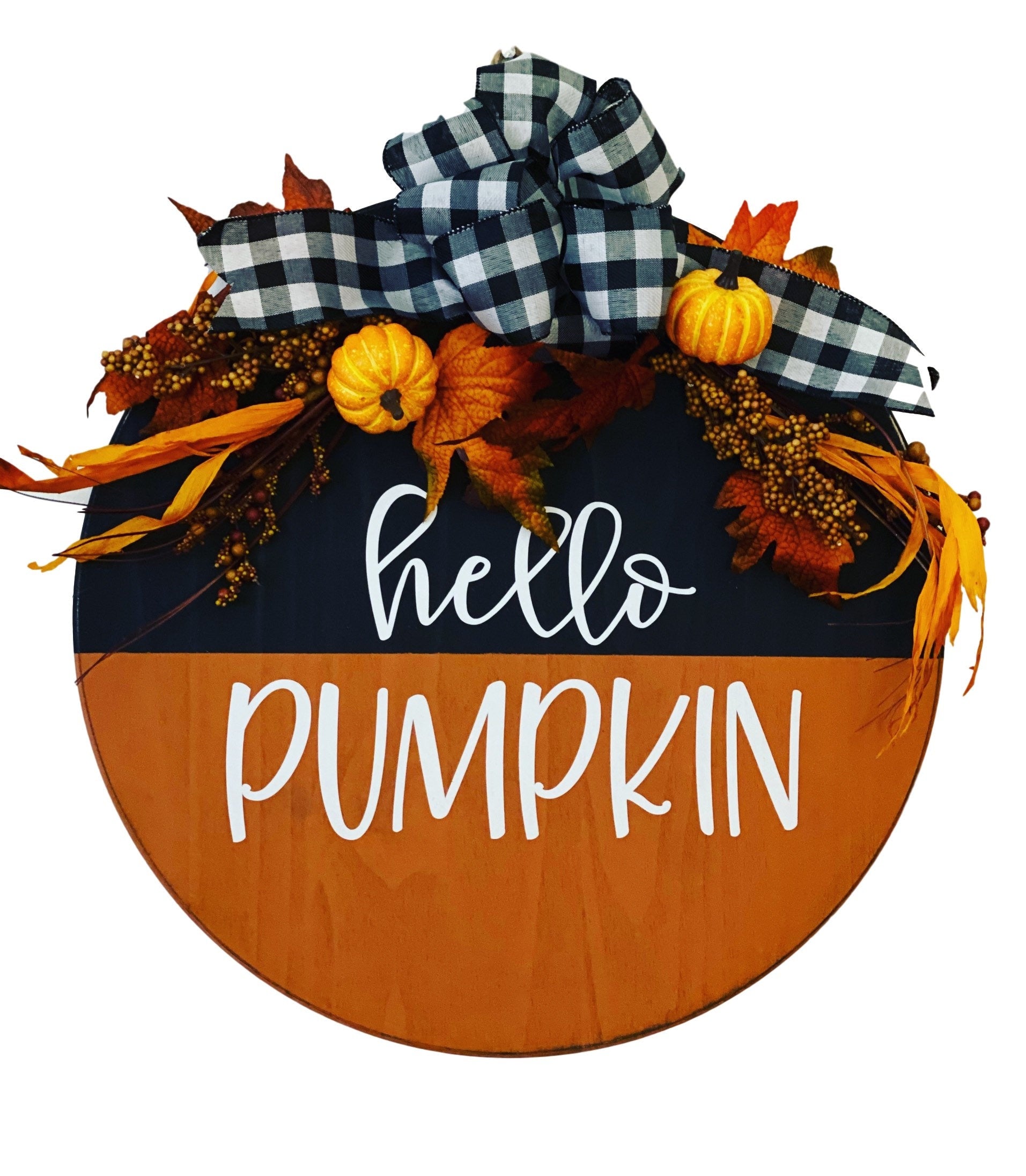 Hello Pumpkin- Split Black Orange - Wooden - Fall Door Sign / Wreath