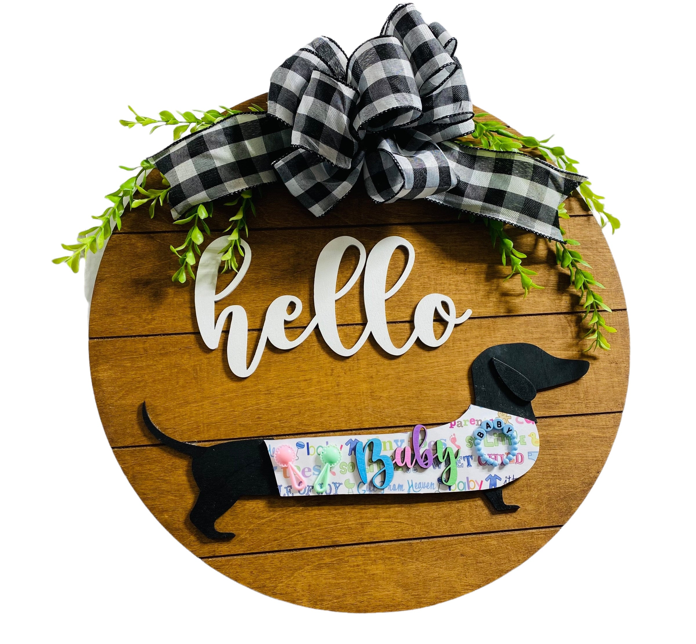 Add on Outfit for Dachshund Doxie - New Baby  - Weiner Dog - Large Round Wooden Shiplap Door Hanger / Wreath / Sign