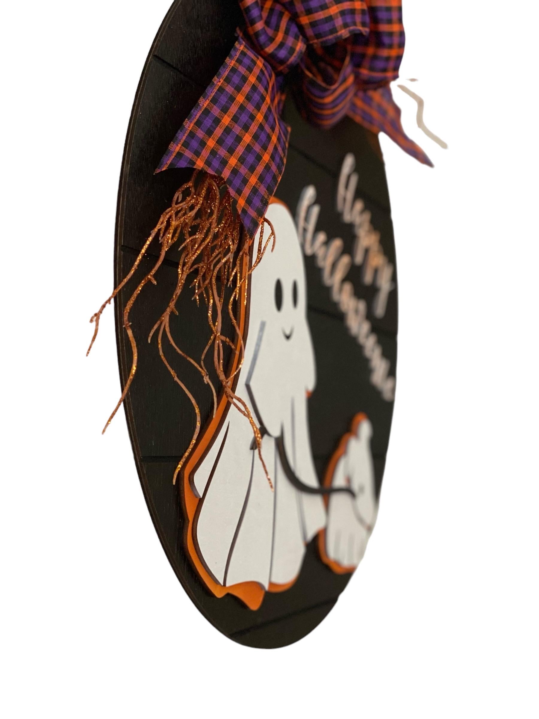 Ghost Walking Dachshund - Doxie - Weiner Dog - Happy Halloweenie - Halloween - Wooden Door - Sign / Wreath