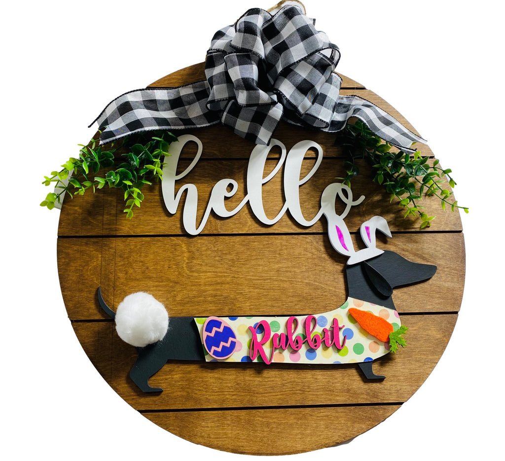 Add on Outfit for Dachshund Doxie - Easter Bunny - Weiner Dog - Large Round Wooden Shiplap Door Hanger / Wreath / Sign
