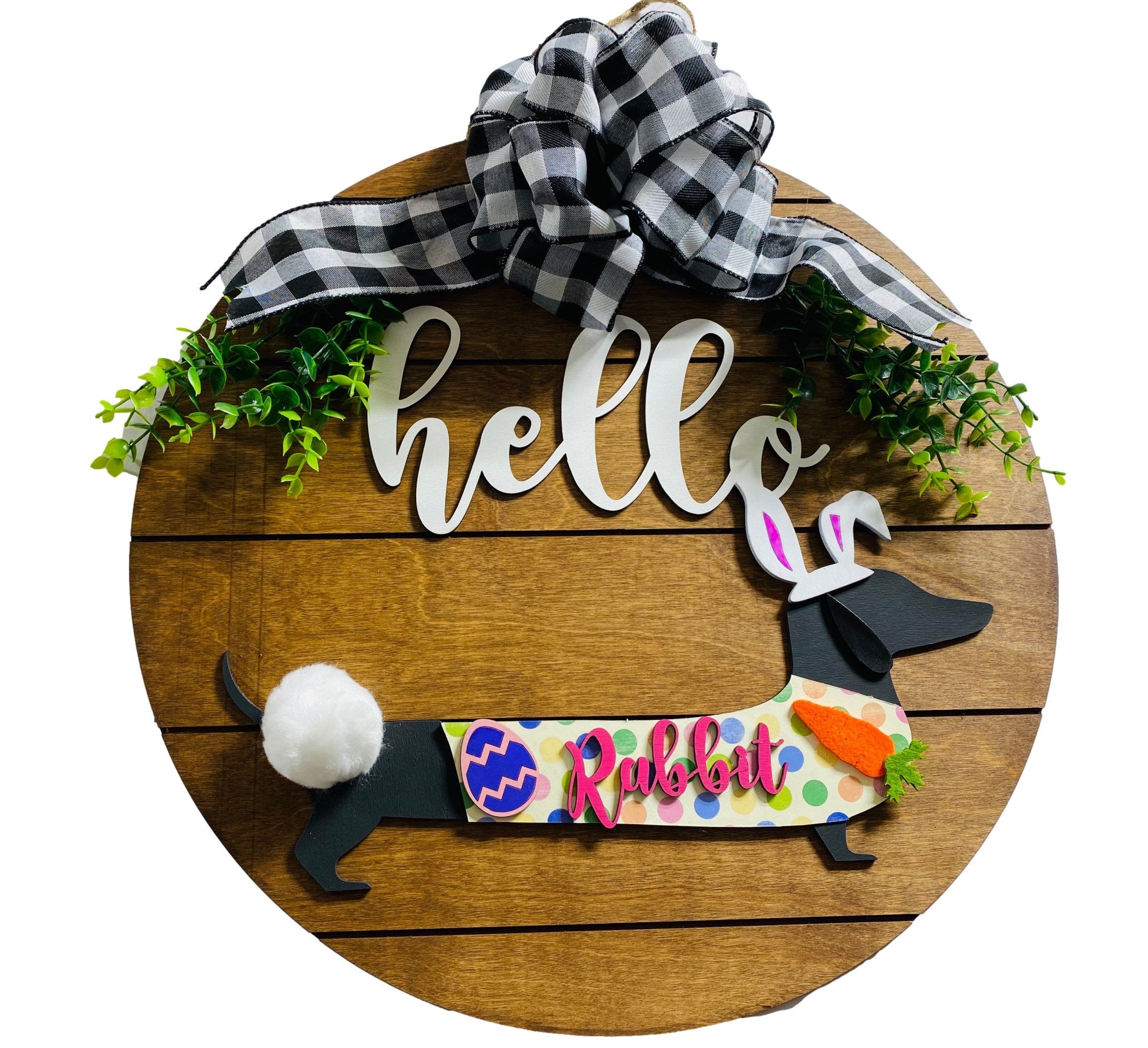 Add on Outfit for Dachshund Doxie - Easter Bunny - Weiner Dog - Large Round Wooden Shiplap Door Hanger / Wreath / Sign
