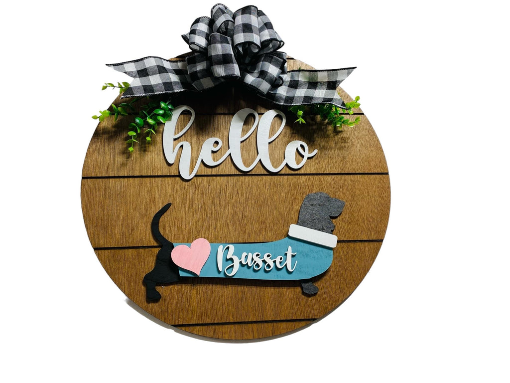 Hello Basset Hound - Dog - Interchangeable Holidays Seasons - Large Round Wooden Shiplap Door Hanger / Wreath/Sign - Gift Mom