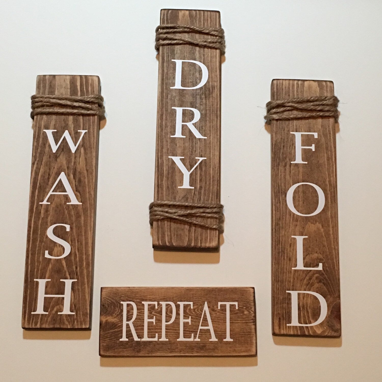 Rustic Set of 4 Wooden Laundry Room Signs "Wash Dry Fold Repeat"