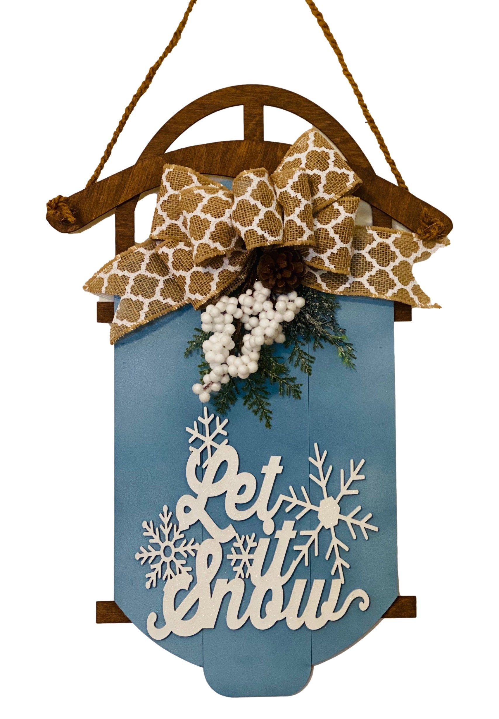 Let It Snow - Wooden - Brown Blue - Burlap Bow - Sled Door Hanger - Wreath