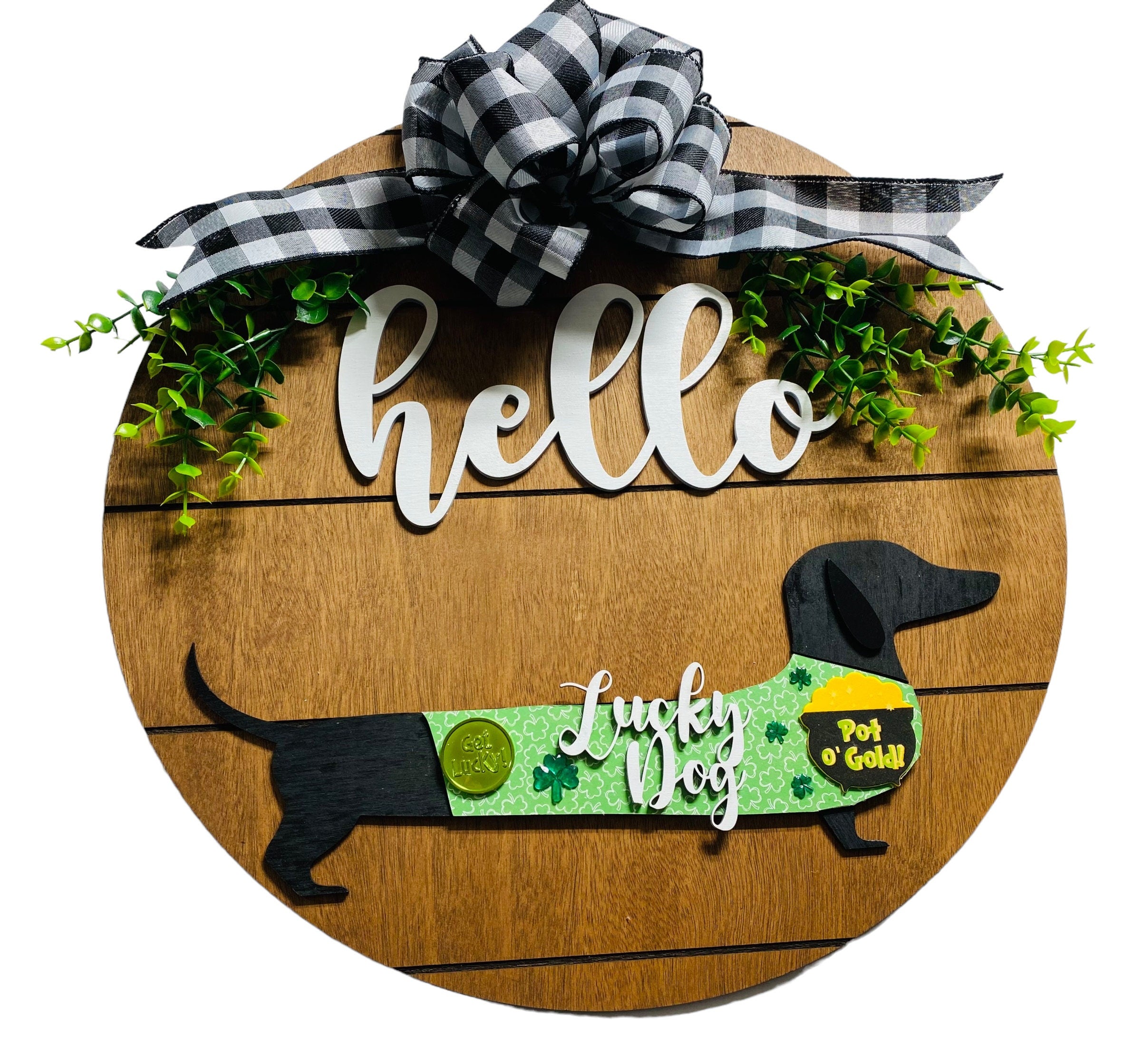 Add on Outfit for Dachshund Doxie - Lucky Dog - St. Patrick’s Day - Weiner Dog - Large Round Wooden Shiplap Door Hanger / Wreath / Sign