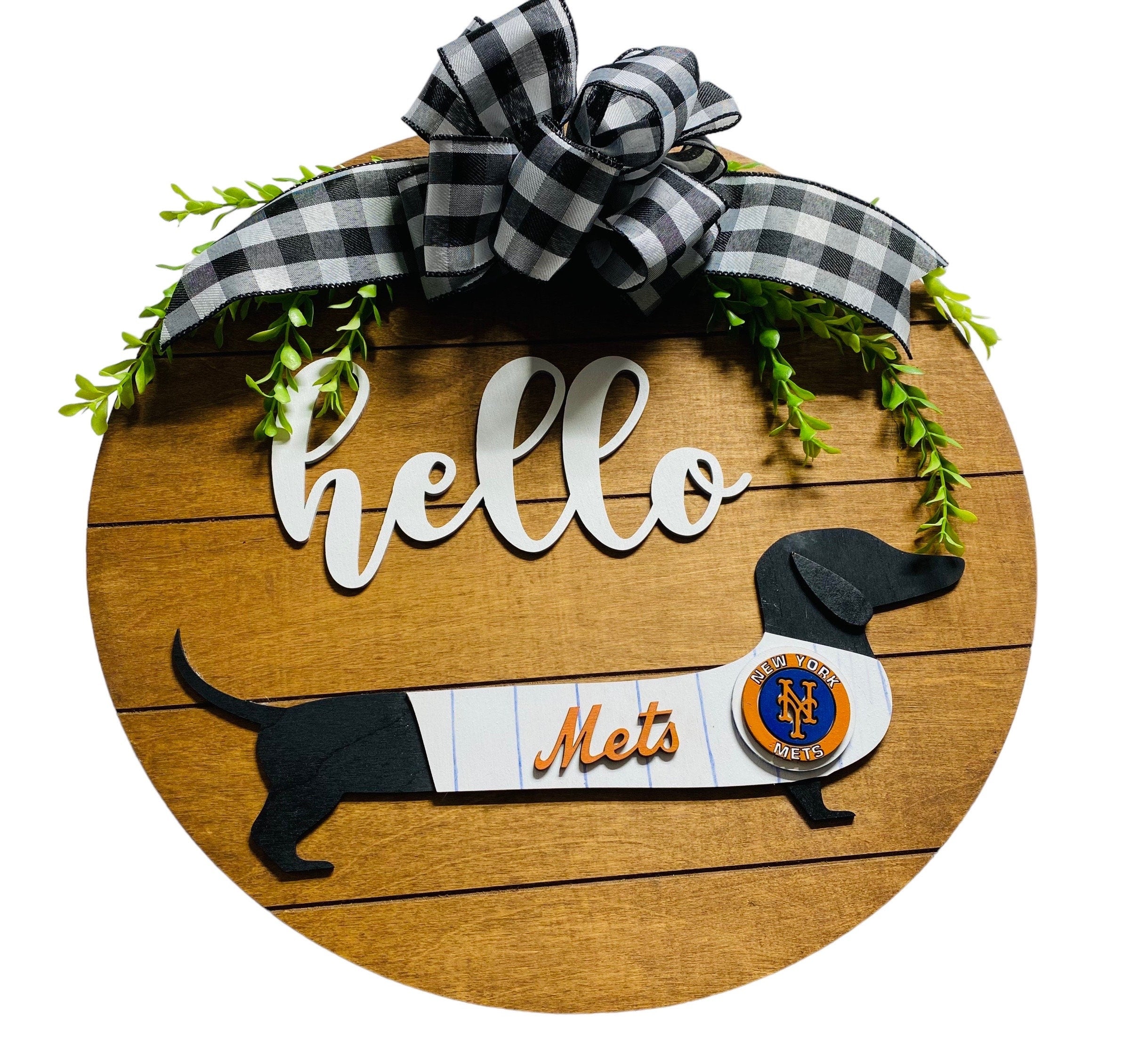 Add on Outfit for Dachshund Doxie - New York Mets - Baseball - Weiner Dog - Large Round Wooden Shiplap Door Hanger / Wreath / Sign