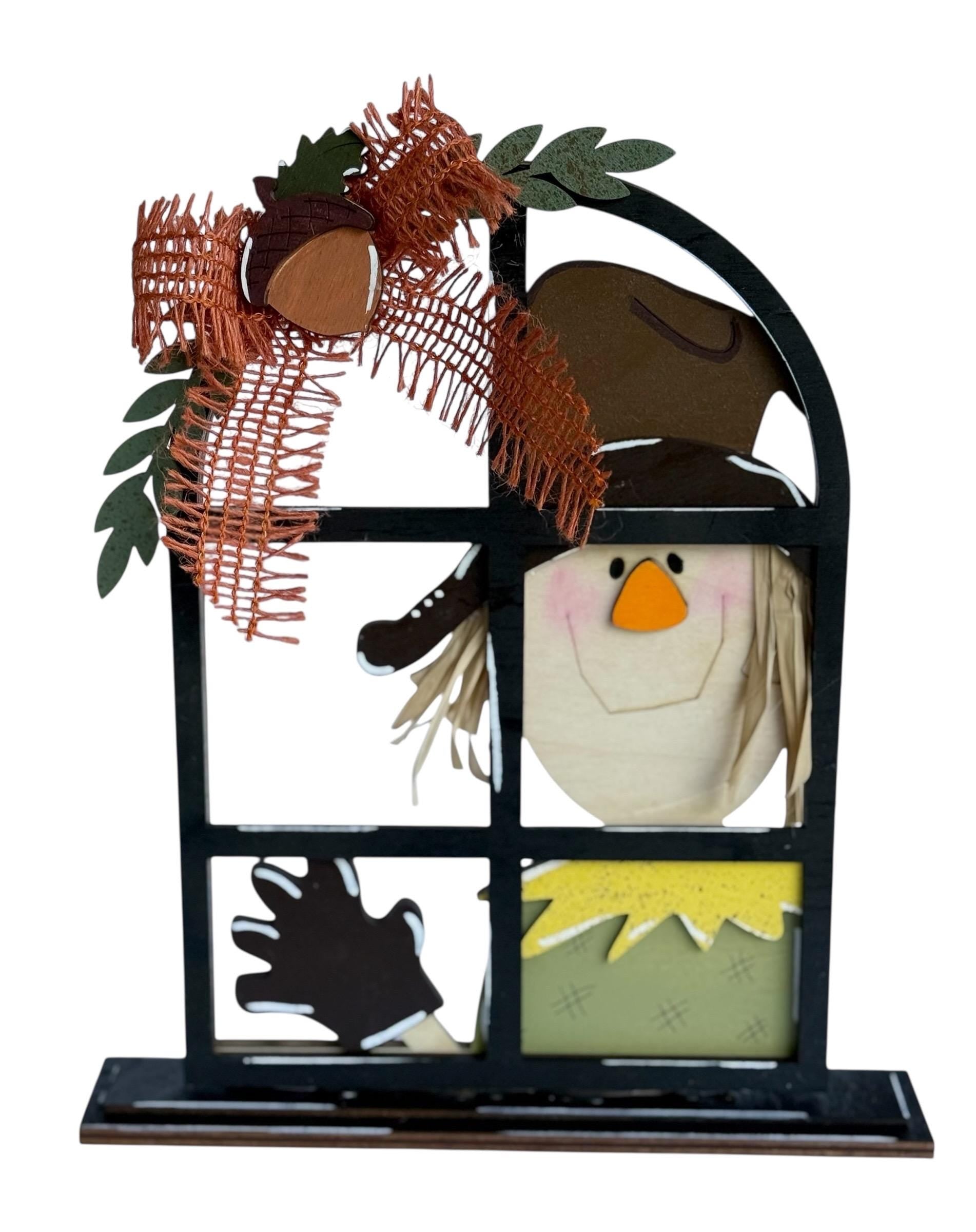 Fall Windowpane Scarecrow | Autumn | Decorative | Shelf Sitter Decoration