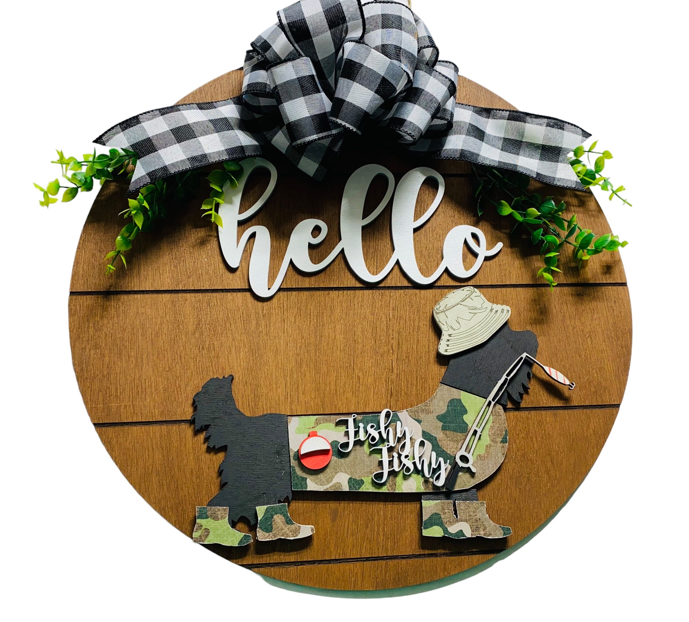 Add on Outfit for  Yorkie Frenchie Pug - Fishy Fishy - Fisherman - Dog - Large Round Wooden Shiplap Door Hanger / Wreath / Sign