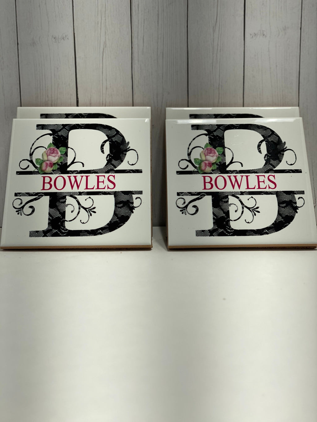Lace Floral - Split Monogram - Set of 4 - Tile Coasters - Gift Present for Wedding
