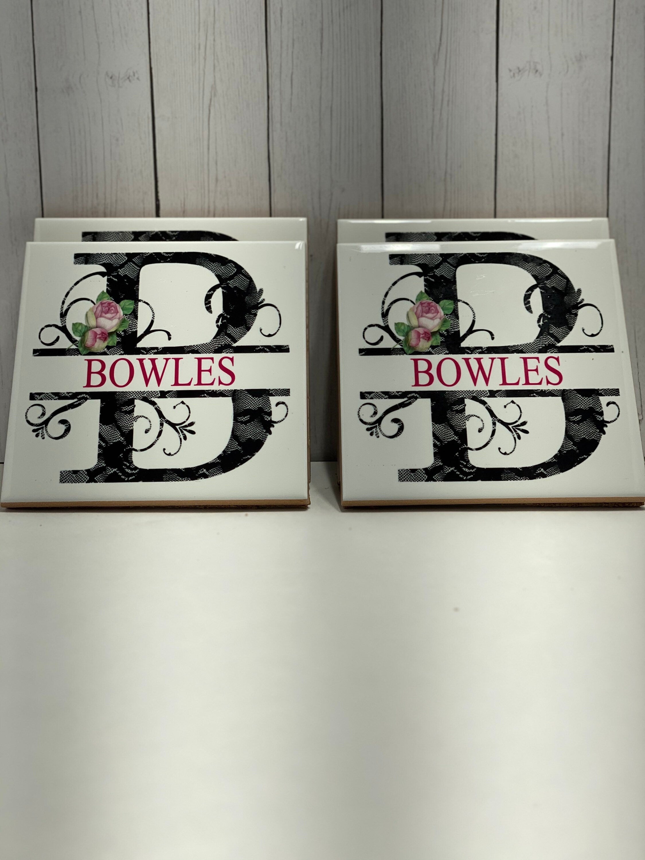 Lace Floral - Split Monogram - Set of 4 - Tile Coasters - Gift Present for Wedding