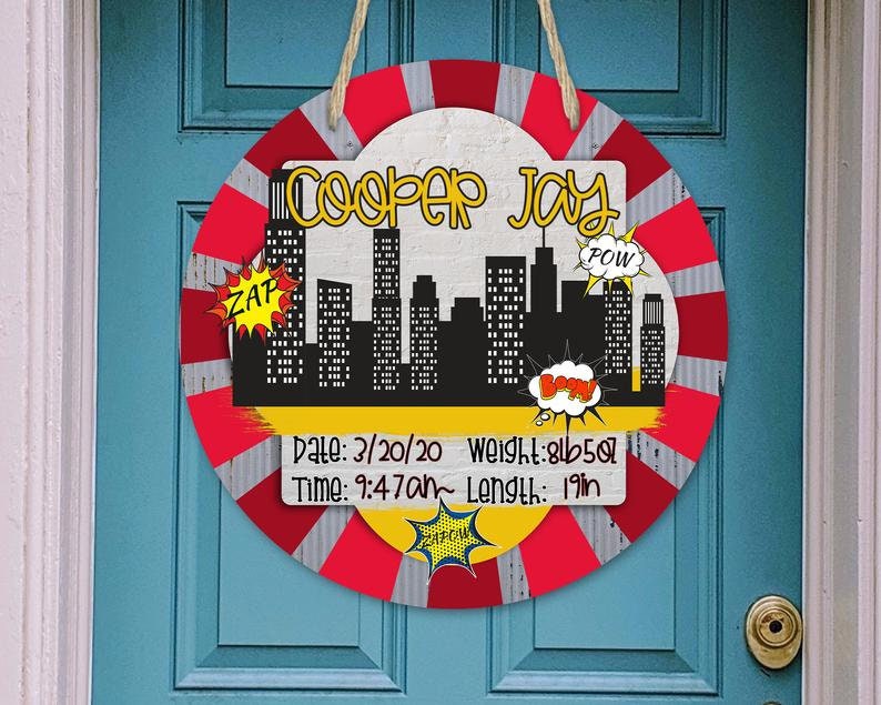 Superhero Nursery - Hospital Room - Personalized - City Superheroes - Baby Shower Gift - Door Sign / Wreath