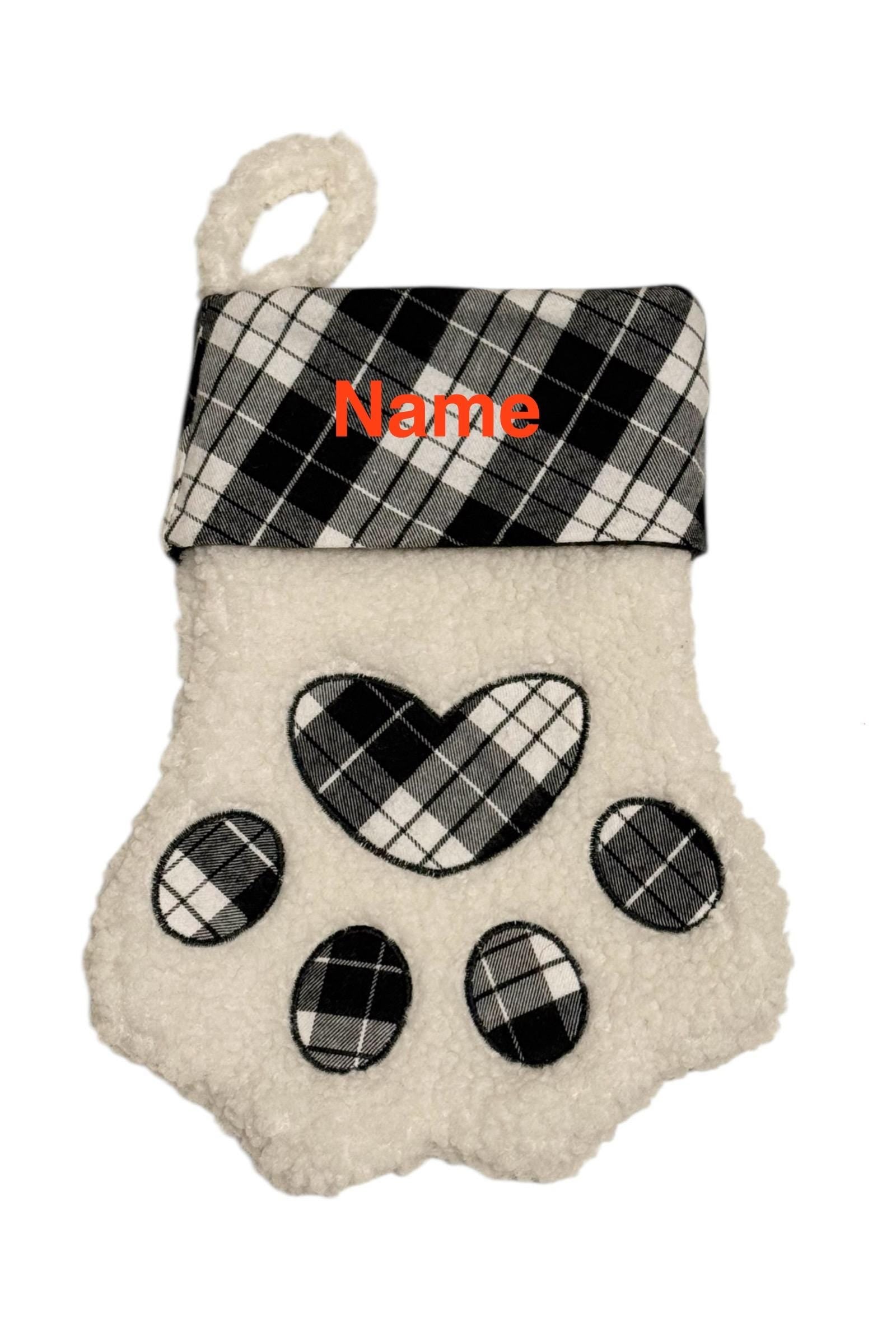 Personalized - Embroidered - Black/White Plaid - Dog Paw Print - Christmas Stocking Sock