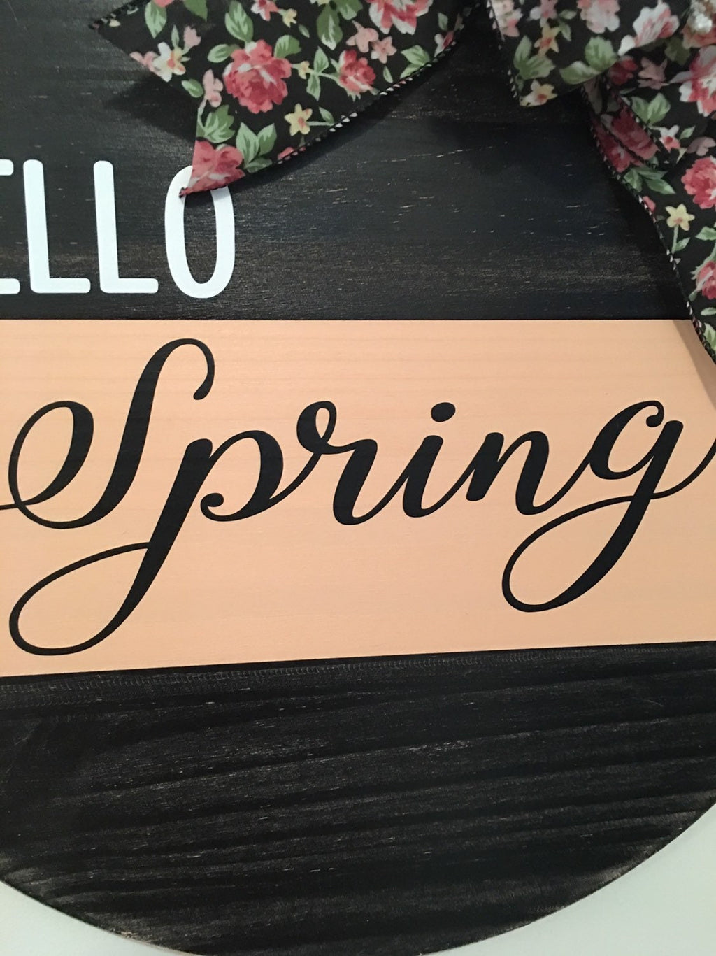 18" Round | Split Peach / Black | Hello Spring | Easter | Door Sign / Wreath