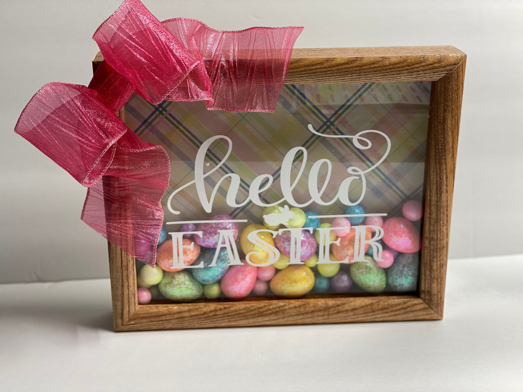 Hello Easter  - 8 x 10 Wooden Shadow Box - With Easter Eggs Filler
