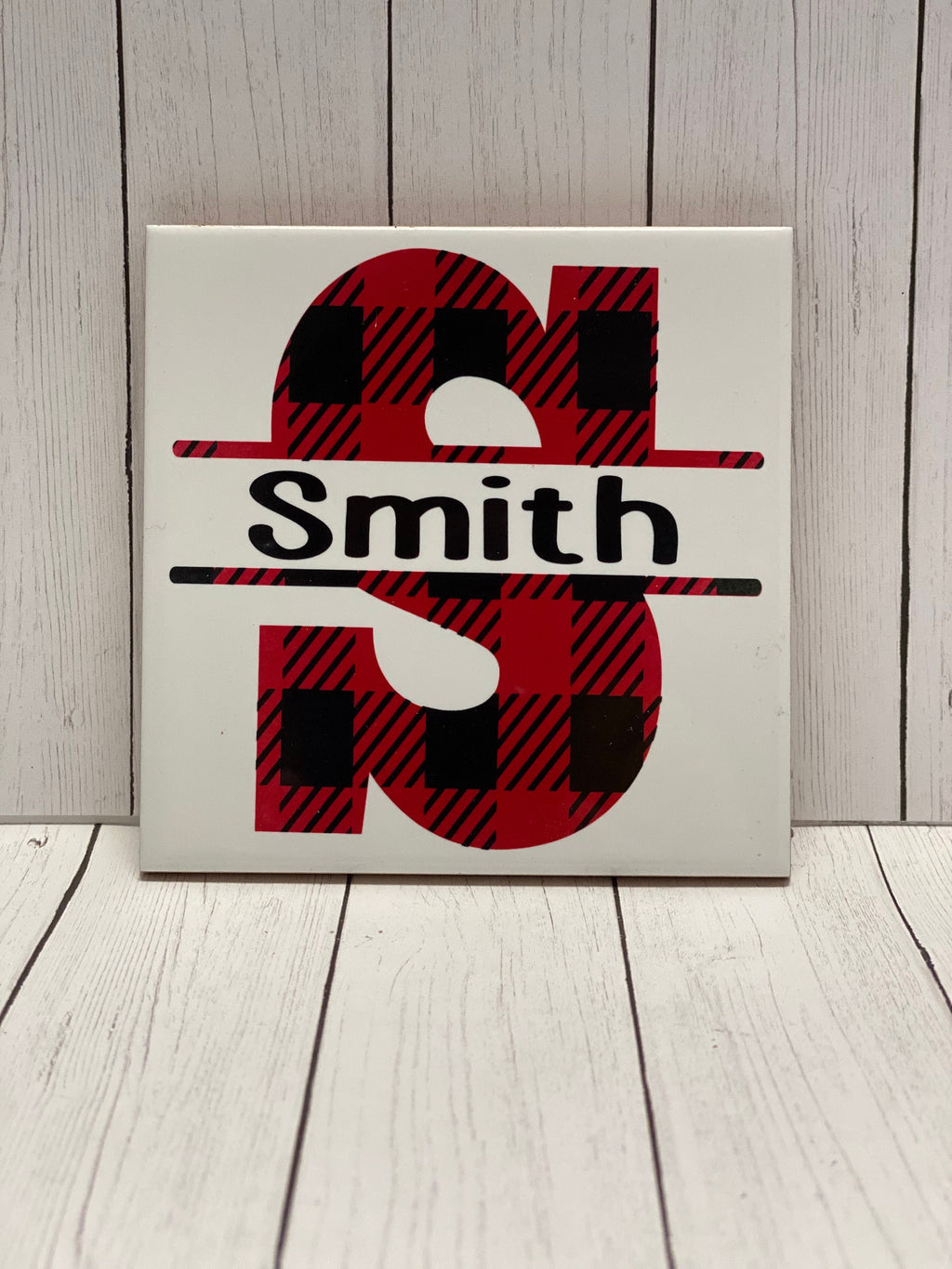 Personalized Split Monogram - Buffalo Plaid - Set of 4 - Tile Coasters - Gift Present for Wedding