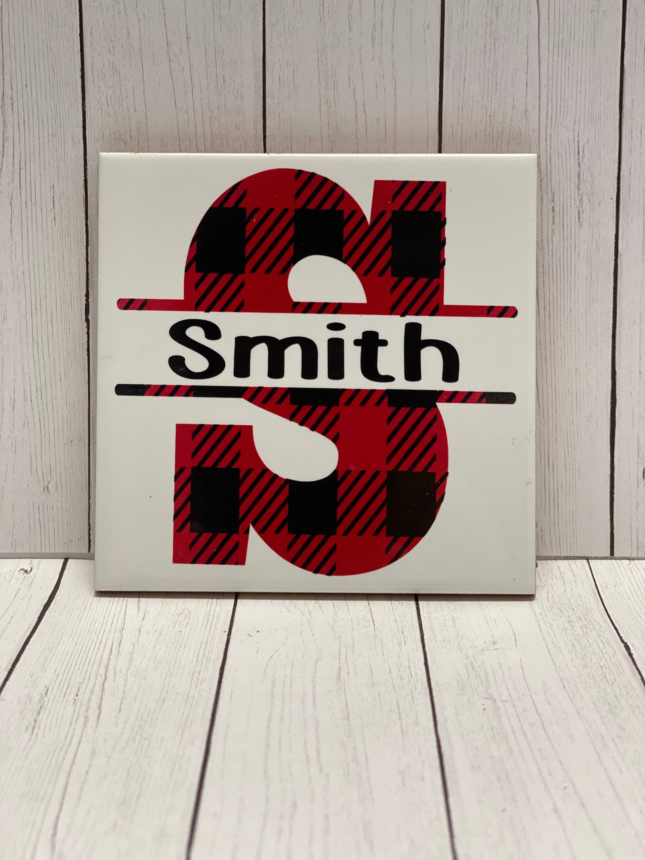 Personalized Split Monogram - Buffalo Plaid - Set of 4 - Tile Coasters - Gift Present for Wedding