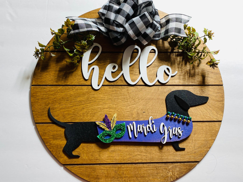 Add on Outfit for Dachshund Doxie - Corgi -  Mardi Gras - Large Round Wooden Shiplap Door Hanger / Wreath / Sign
