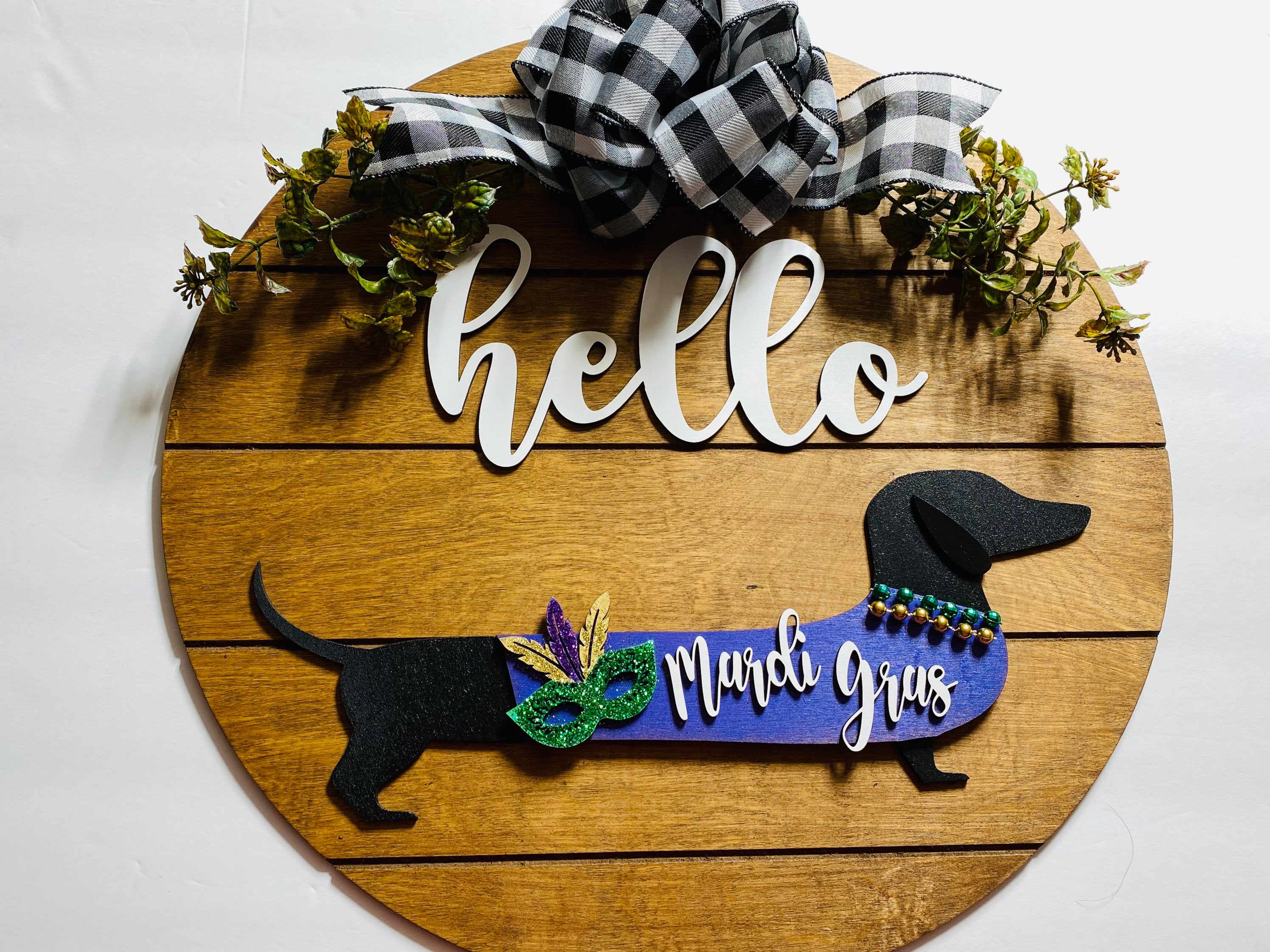 Add on Outfit for Dachshund Doxie - Corgi -  Mardi Gras - Large Round Wooden Shiplap Door Hanger / Wreath / Sign