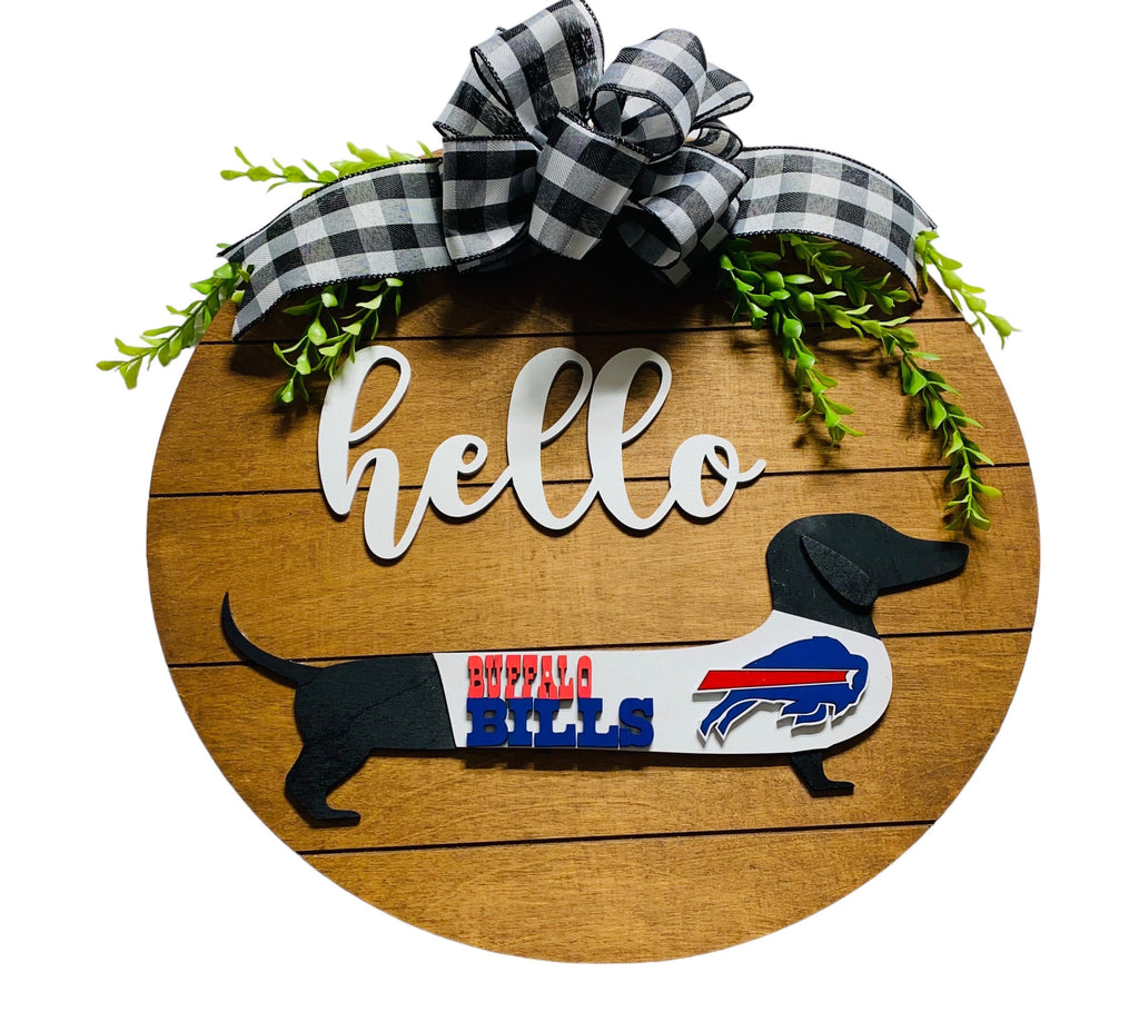 Add on Outfit for Dachshund Doxie - Buffalo Bills - Football - Weiner Dog - Large Round Wooden Shiplap Door Hanger / Wreath / Sign