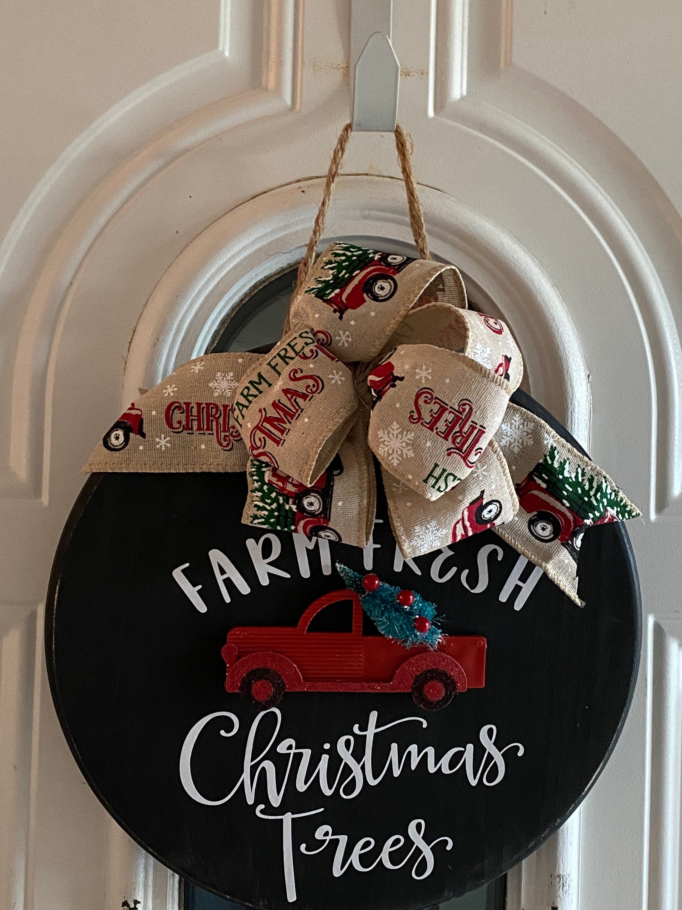 Farm Fresh Christmas Trees - Red Truck - Wooden 12” Round - Christmas / Winter - Door Sign / Wreath