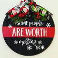 18" Round Wooden Snowman / Split Black Red / Winter Door Sign / Wreath