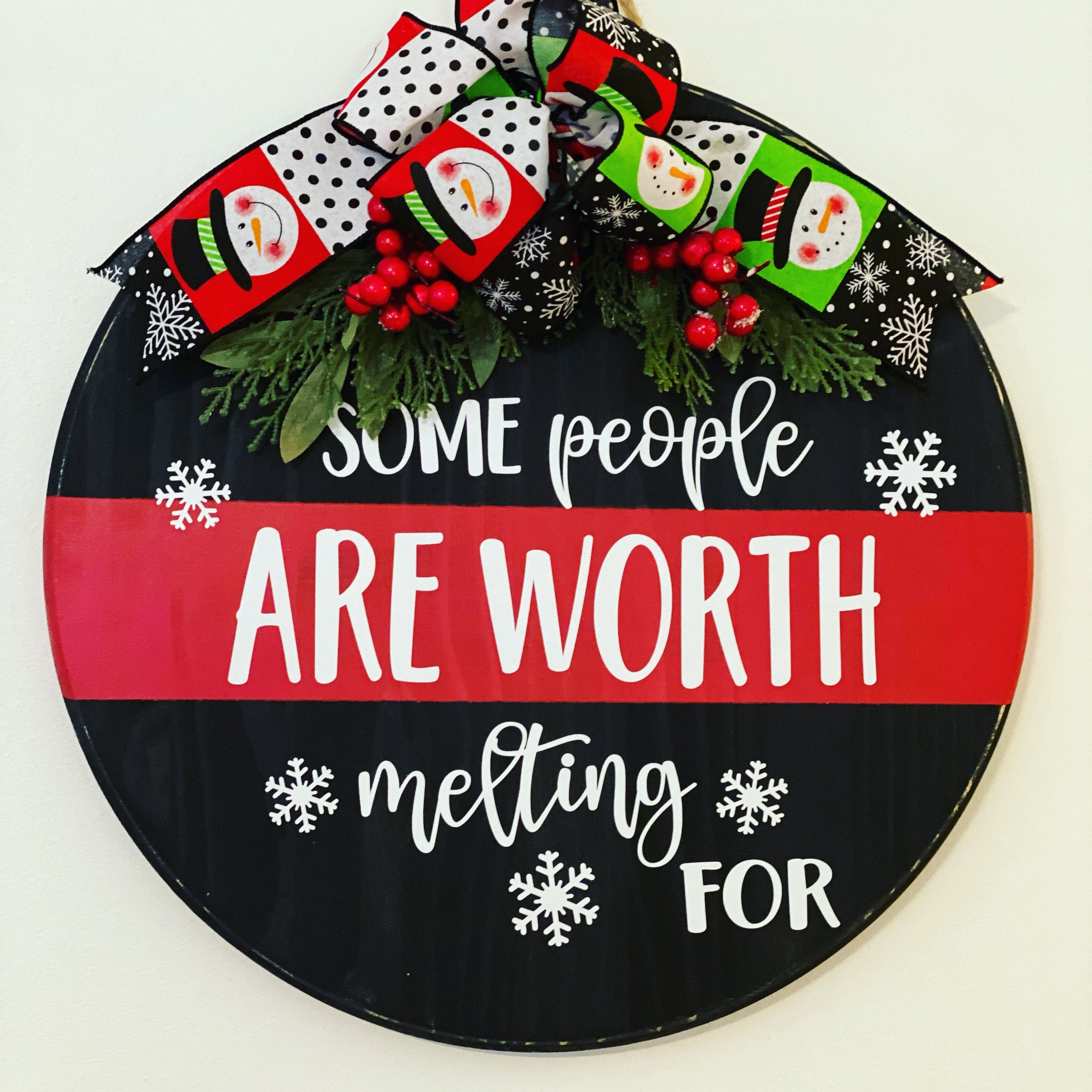 18" Round Wooden Snowman / Split Black Red / Winter Door Sign / Wreath