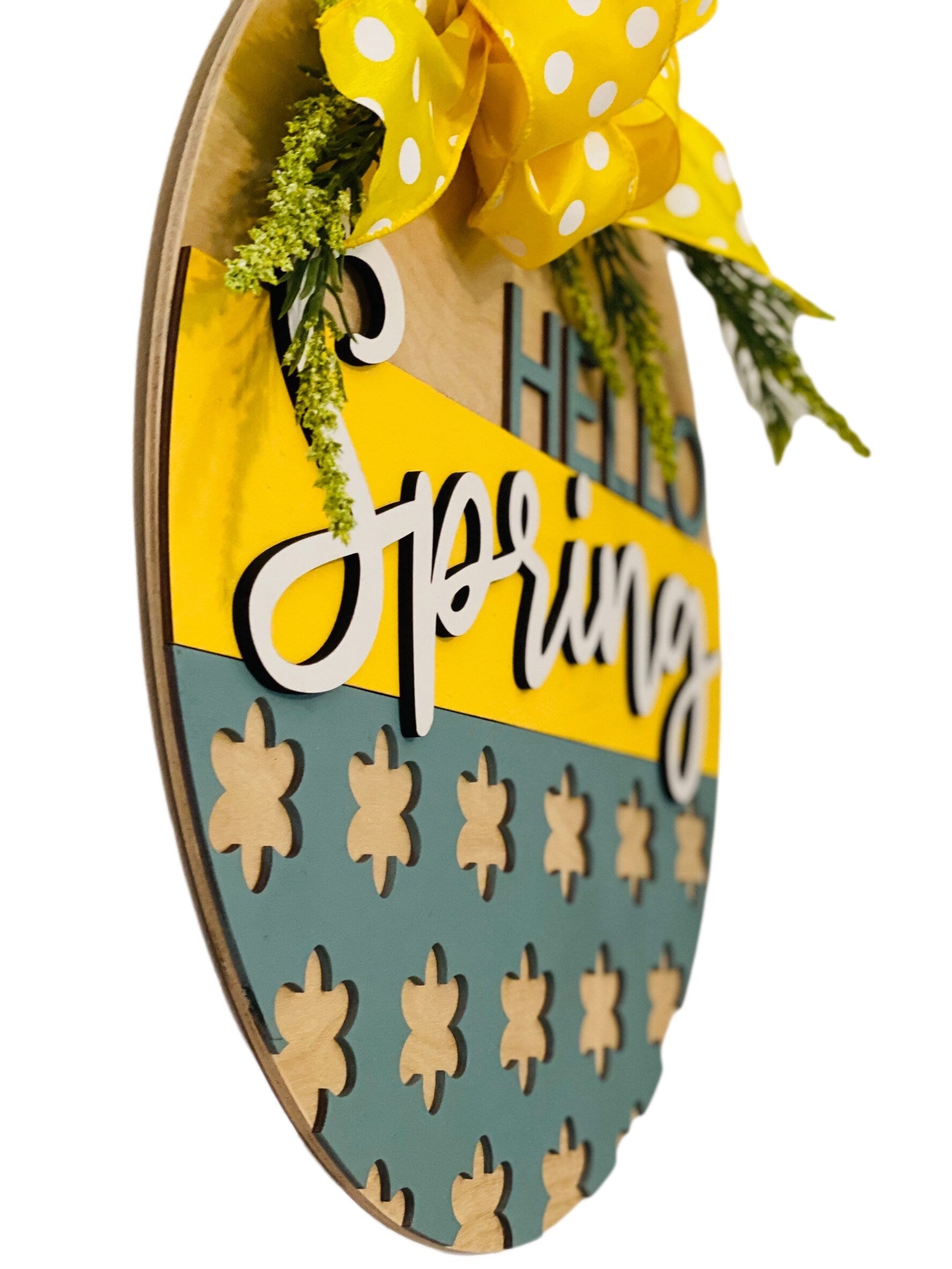 Hello Spring - Raised Lettering- Yellow / Sage Green - Easter - Large - Door Sign / Wreath