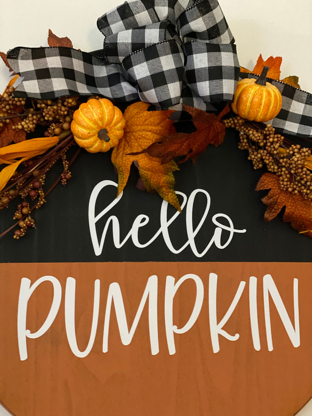 Hello Pumpkin- Split Black Orange - Wooden - Fall Door Sign / Wreath