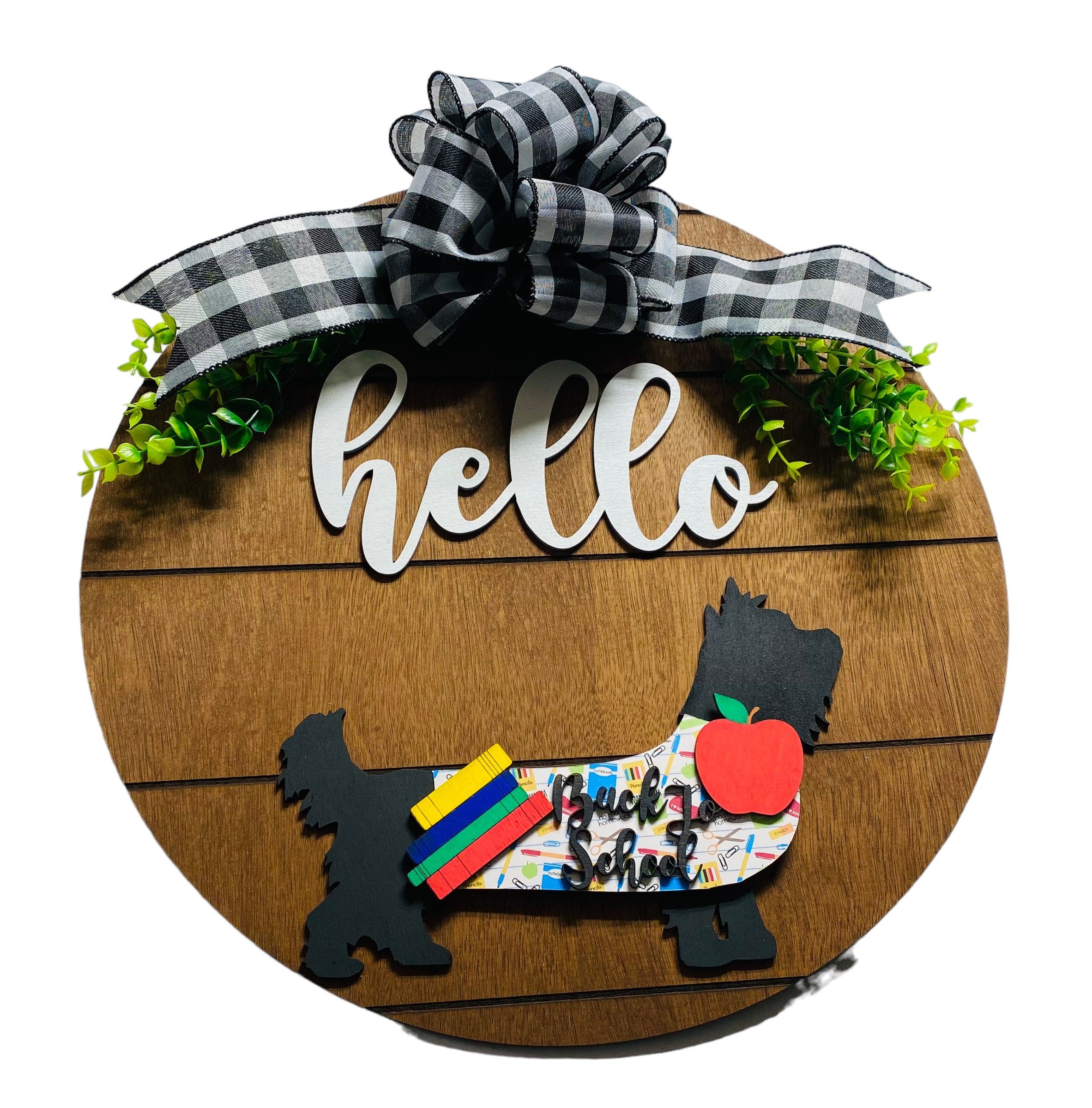 Add on Outfit for  Yorkie Frenchie Pug - Back to School - Dog - Large Round Wooden Shiplap Door Hanger / Wreath / Sign