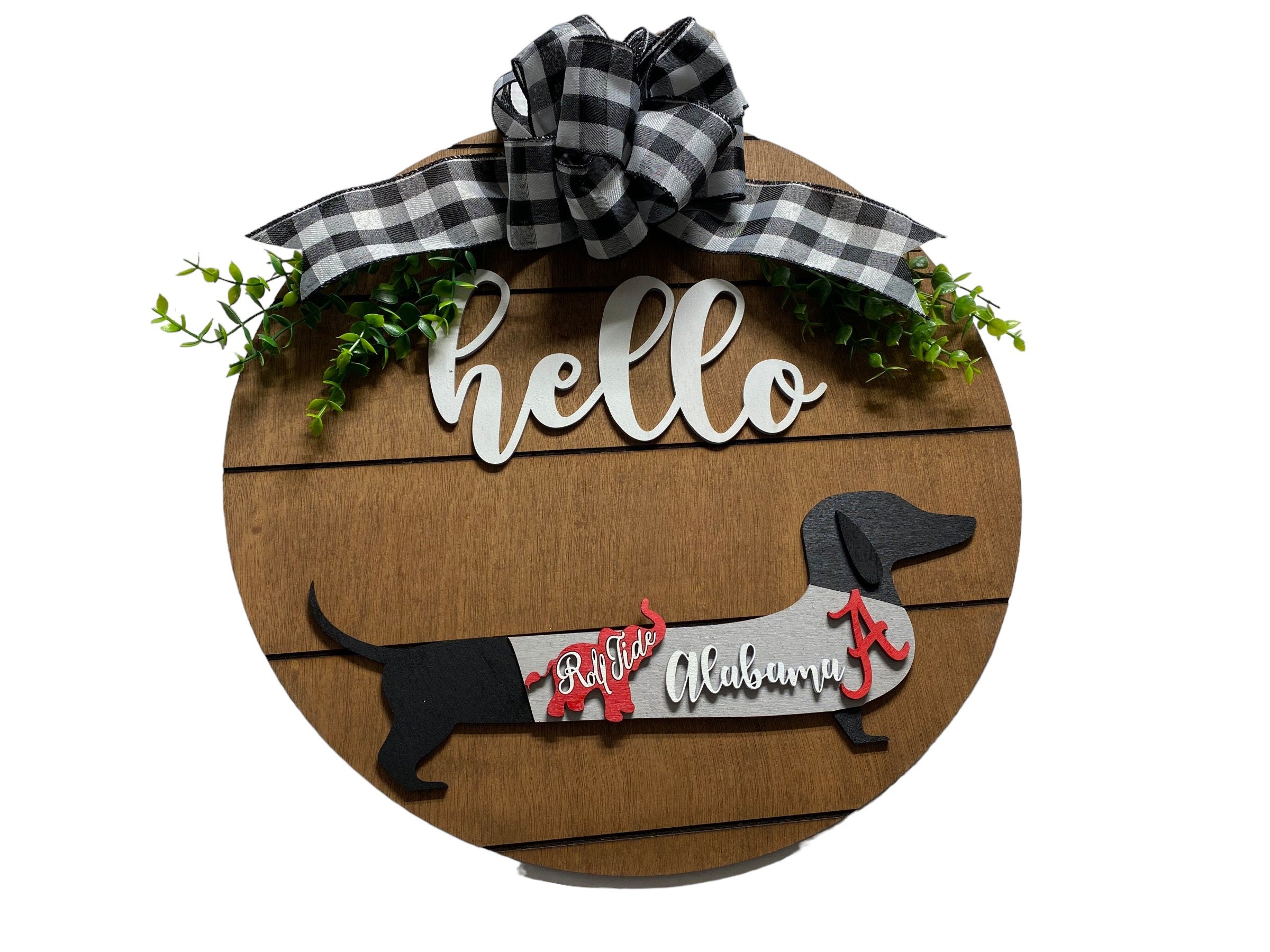 Add on Outfit for Dachshund Doxie - Alabama Rolltide - Football - Weiner Dog - Large Round Wooden Shiplap Door Hanger / Wreath / Sign