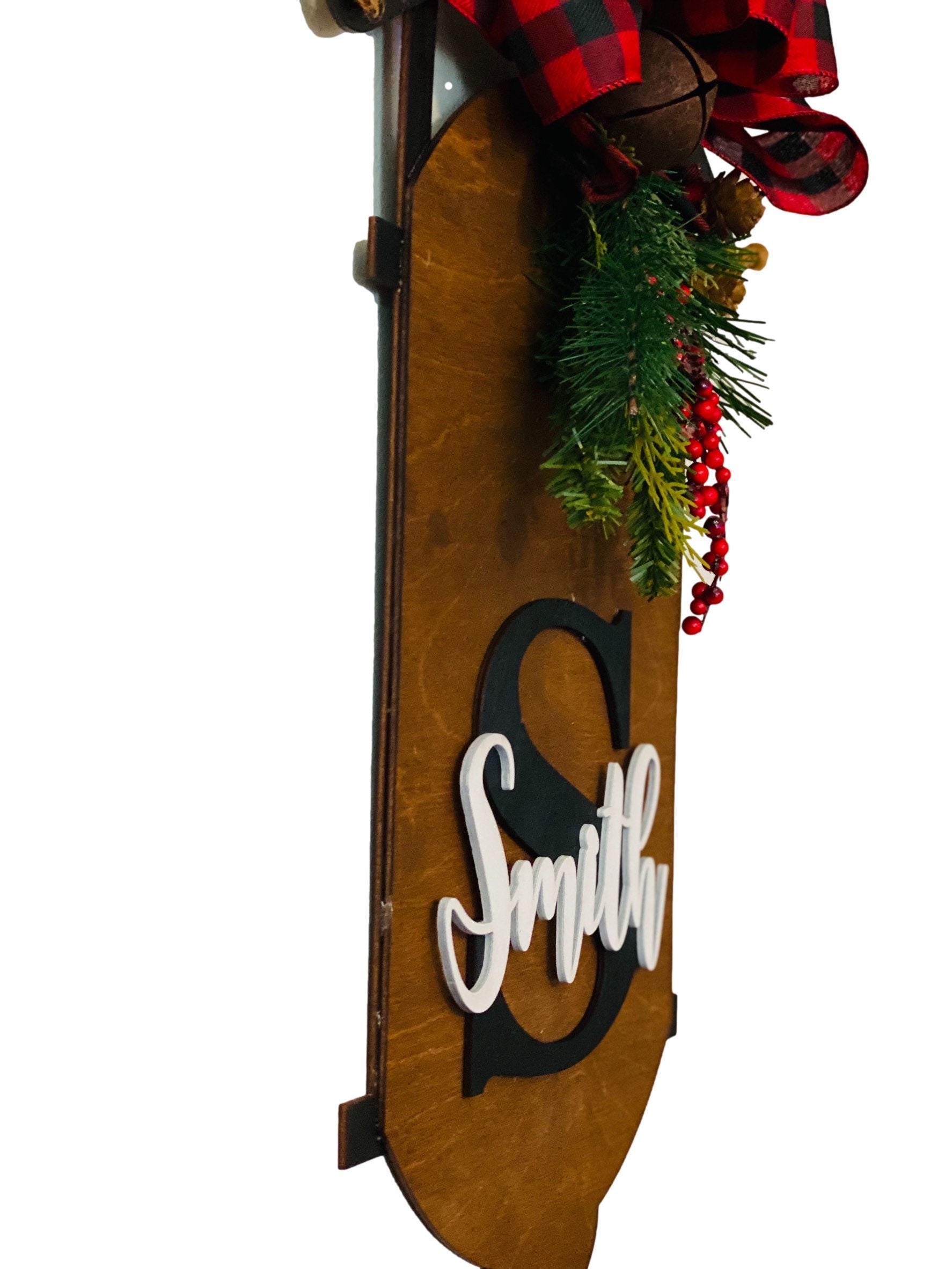 Personalized - Wooden Monogram - Brown Black - Red Black Buffalo Plaid - Sled Door Hanger - Wreath