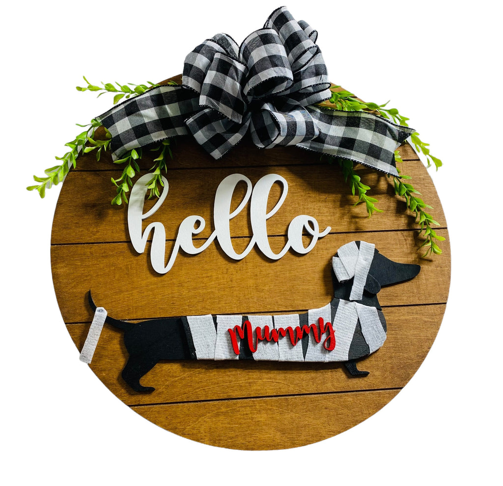 Add on Outfit for Dachshund Doxie - Halloween- Mummy - Weiner Dog - Large Round Wooden Shiplap Door Hanger / Wreath / Sign