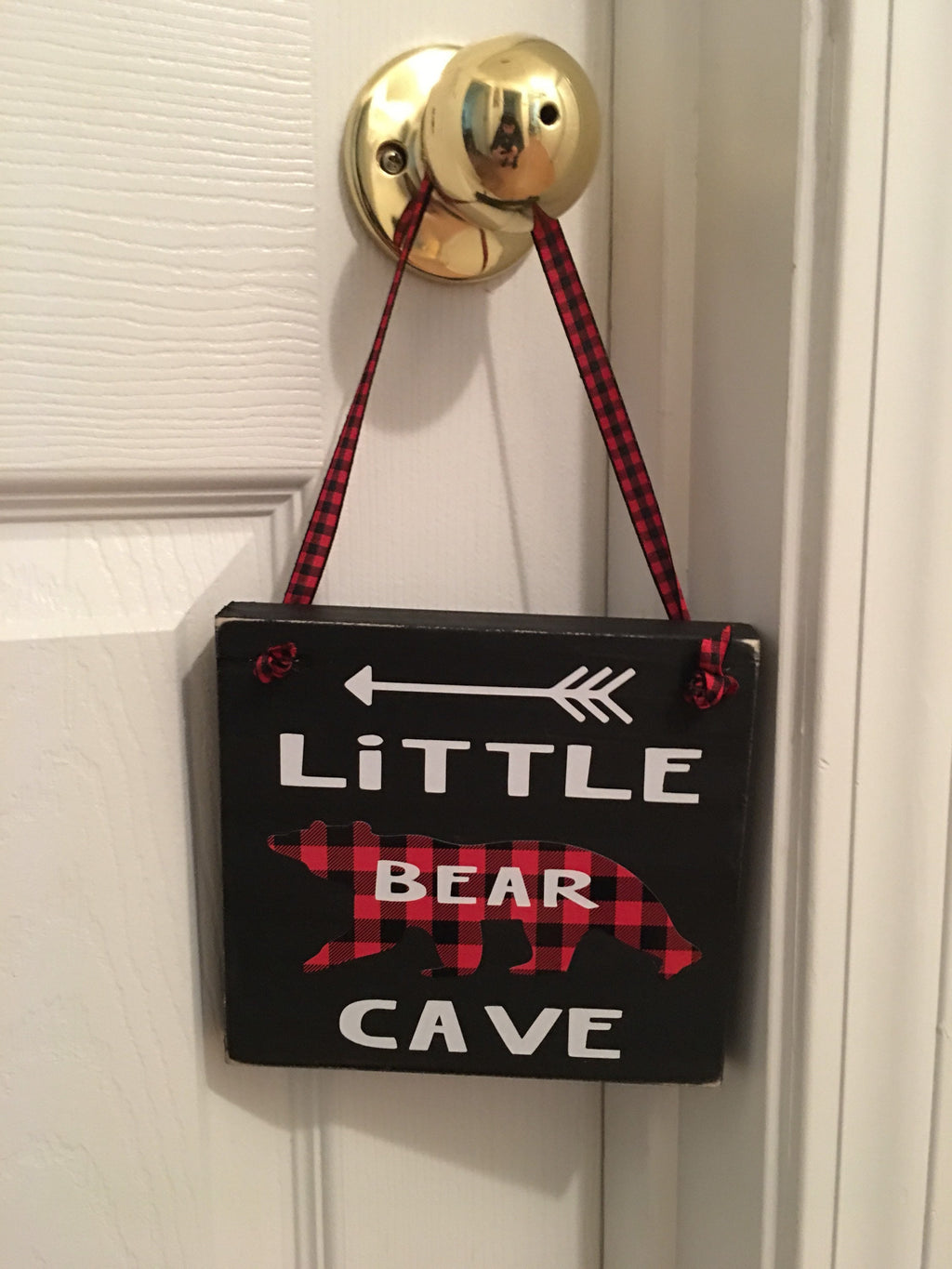 Black | Rustic | Little Bear Cave | Buffalo Plaid | Wooden | Door Sign | Door Hanger| Little Boys Room | Nursery