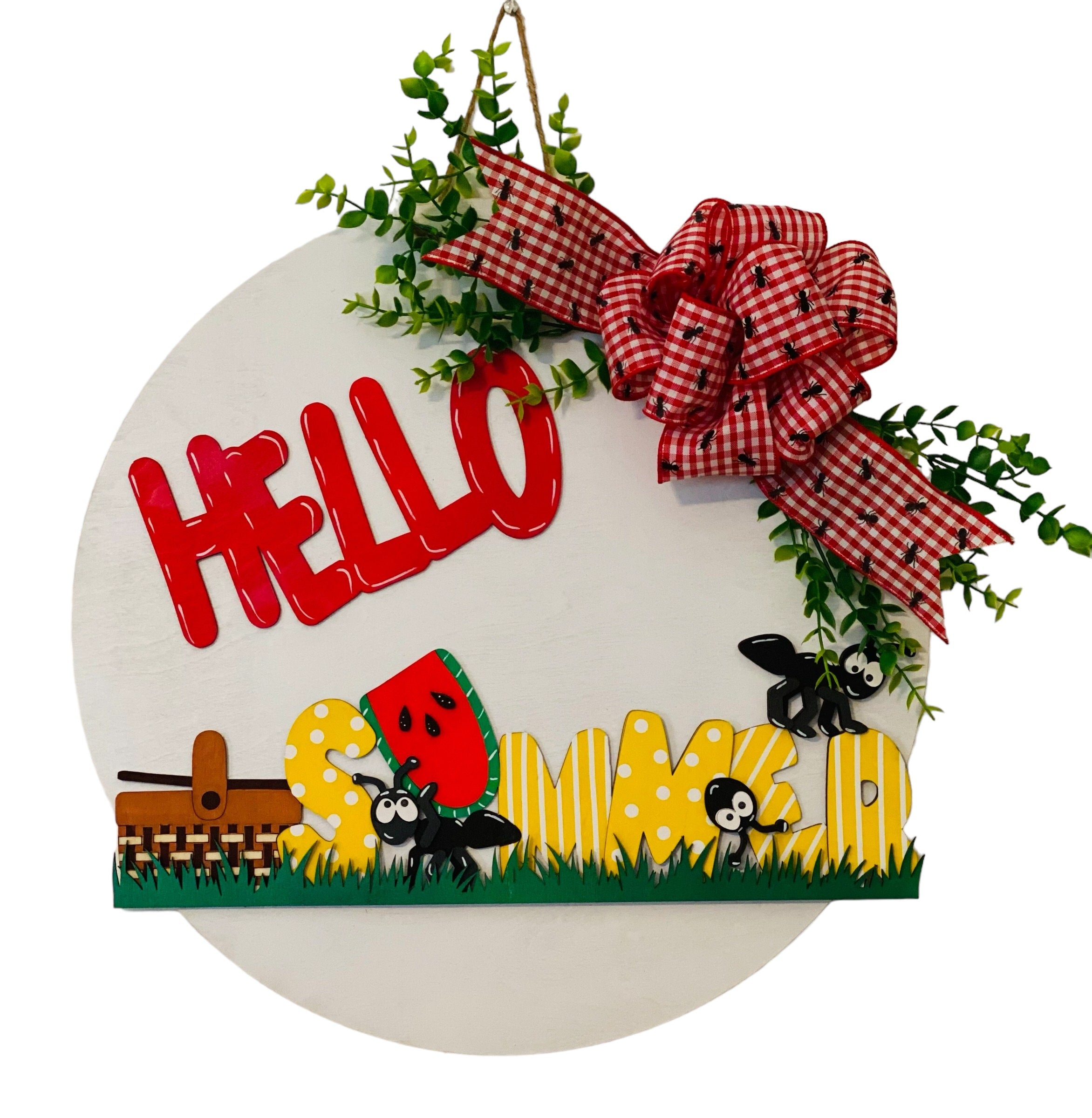 18" Round | Wooden | Summer | Picnic Basket Ants | Door Sign / Wreath