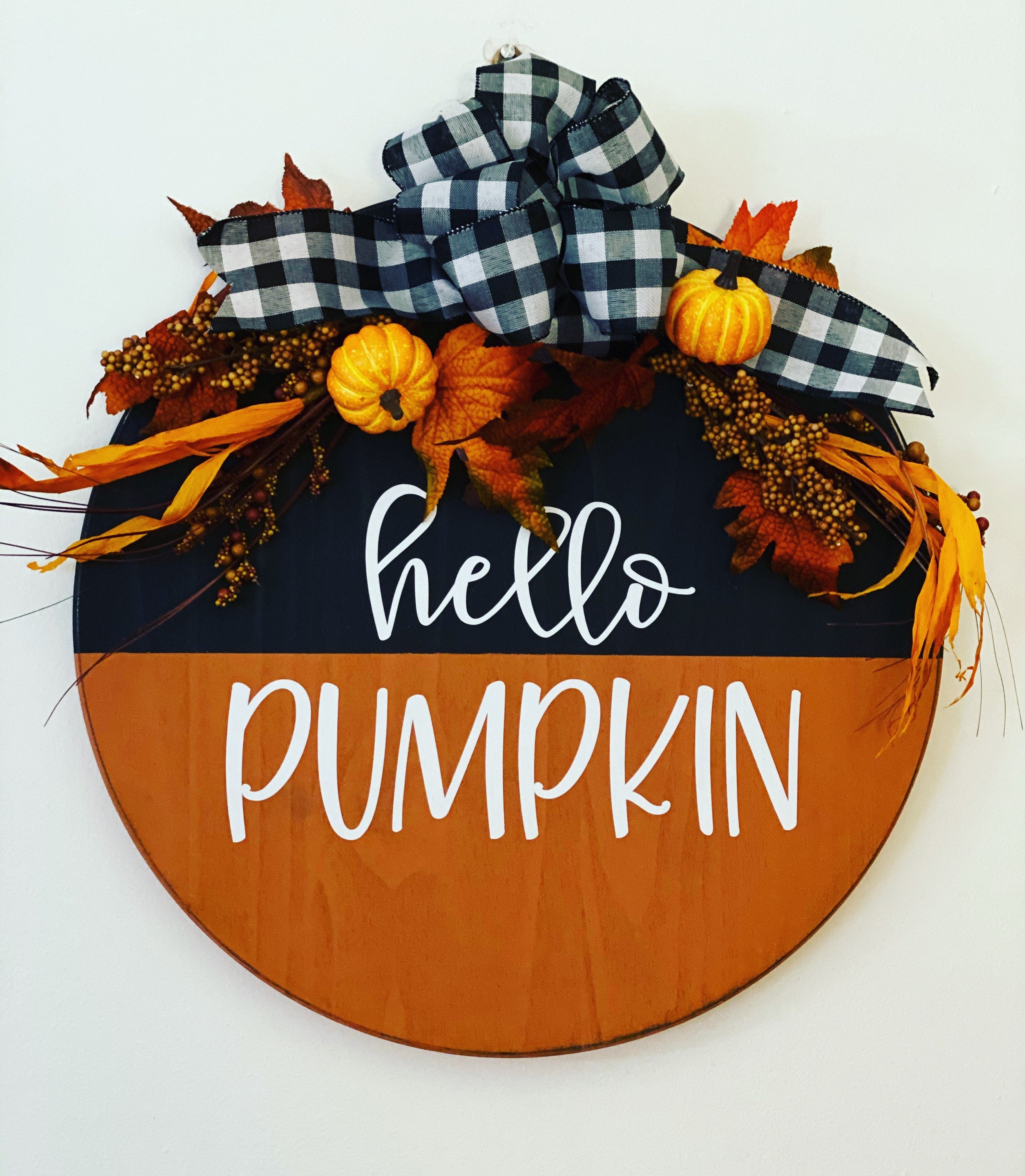 Hello Pumpkin- Split Black Orange - Wooden - Fall Door Sign / Wreath
