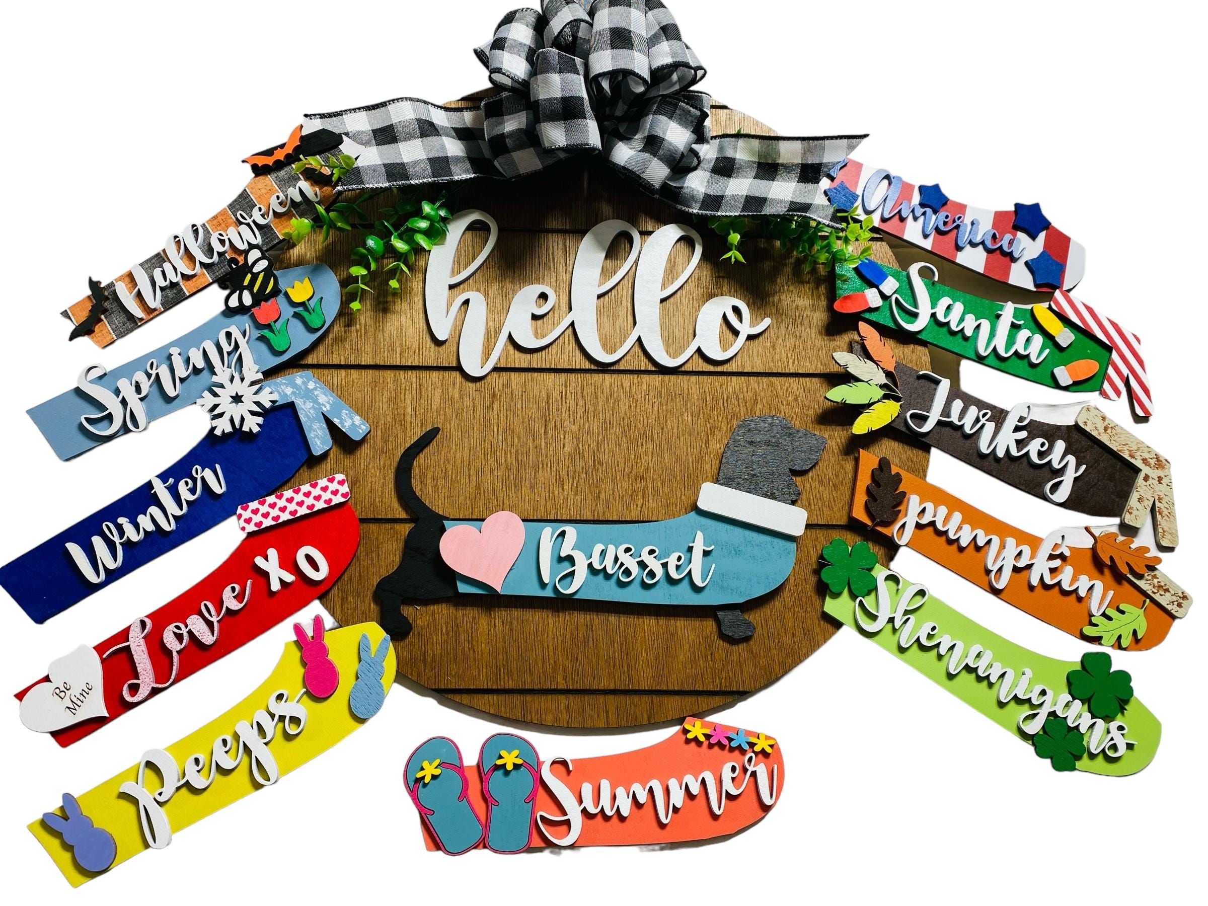 Hello Basset Hound - Interchangeable Holidays Seasons - Large Round Wooden Shiplap Door Hanger / Wreath/Sign - Gift Mom