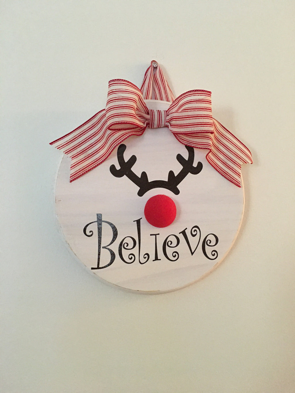 12" Round White Wooden Rudolph Believe Christmas Door Sign / Wreath