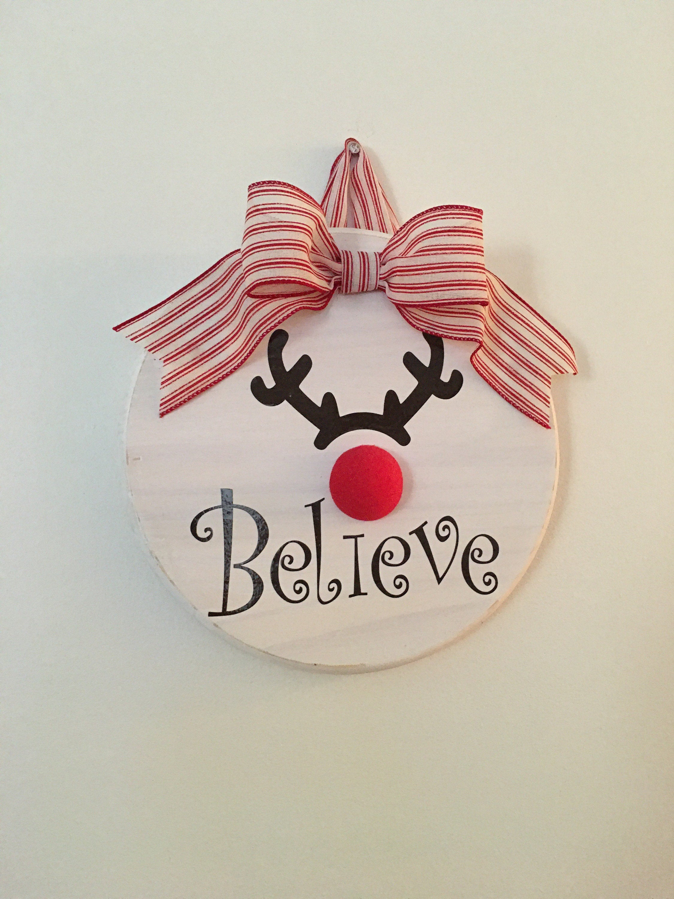 12" Round White Wooden Rudolph Believe Christmas Door Sign / Wreath