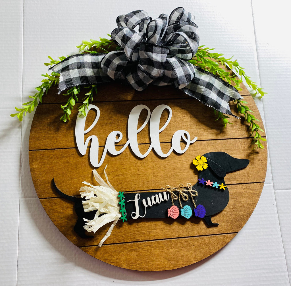 Add on Outfit for Dachshund Doxie - Luau - Hula - Weiner Dog - Large Round Wooden Shiplap Door Hanger / Wreath / Sign