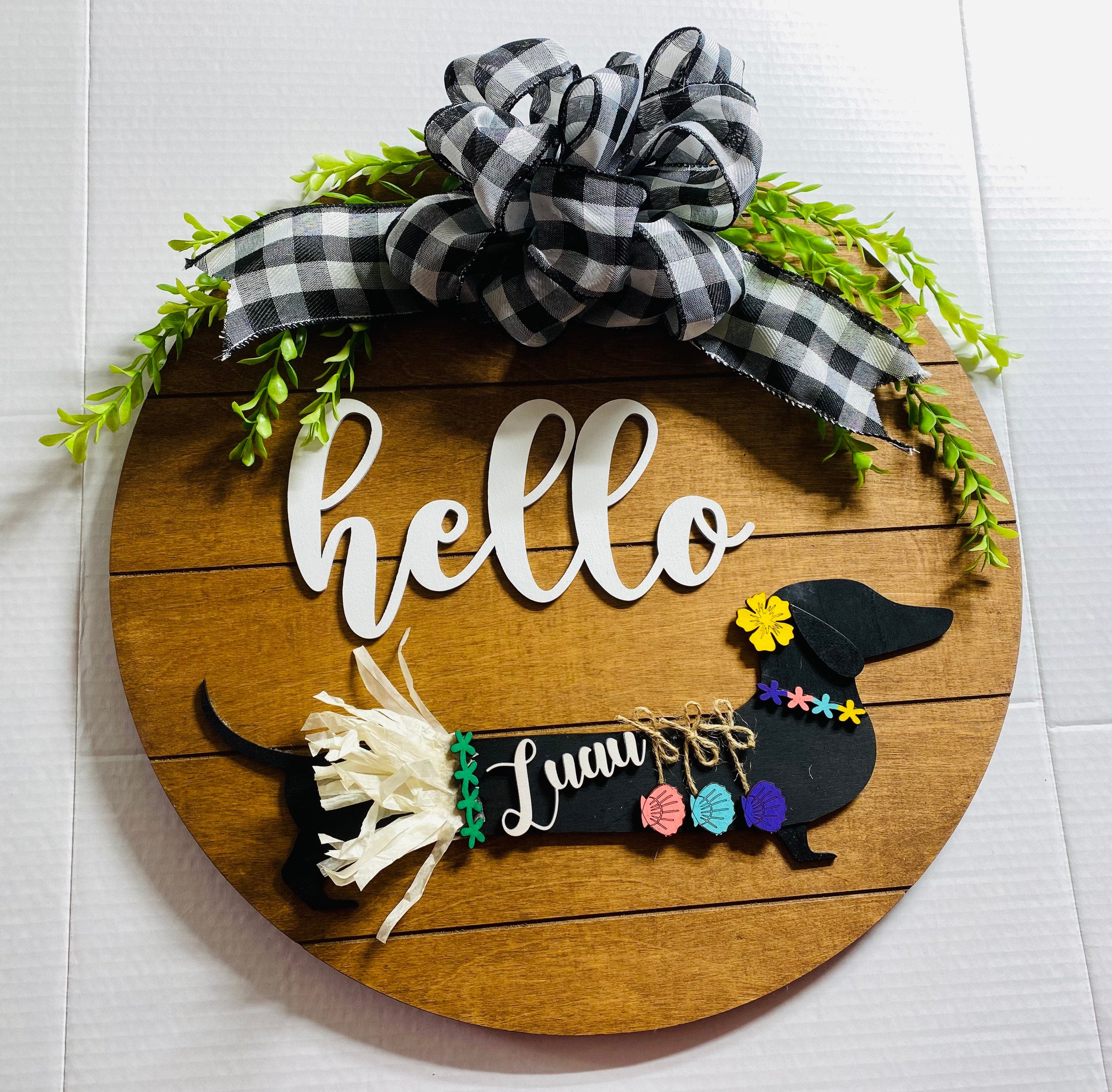 Add on Outfit for Dachshund Doxie - Luau - Hula - Weiner Dog - Large Round Wooden Shiplap Door Hanger / Wreath / Sign