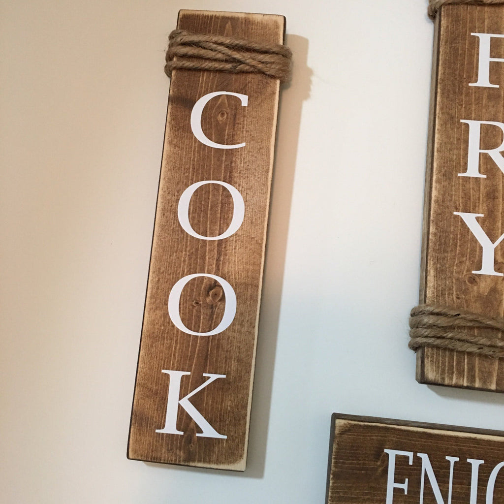 Rustic Set of 4 Wooden Kitchen Signs Cook / Fry / Bake / Enjoy