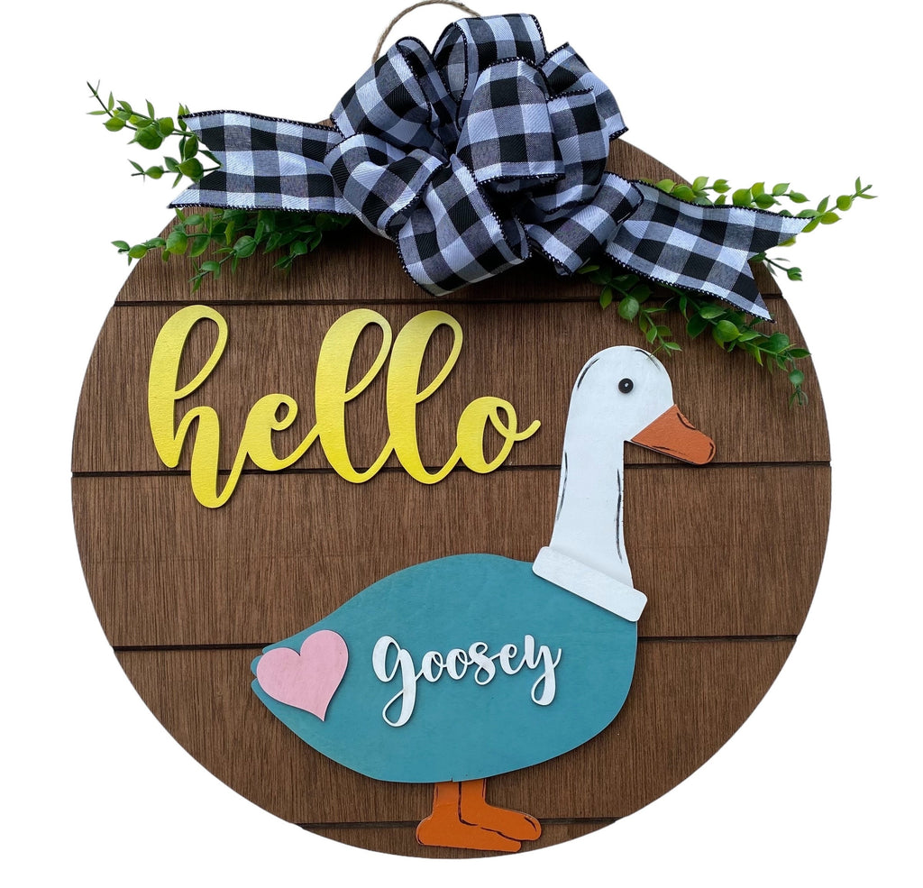 Hello Goose - Goosey - Interchangeable Holidays Seasons - Large Round Wooden Shiplap Door Hanger / Wreath/Sign - Porch Goose - Gift Mom