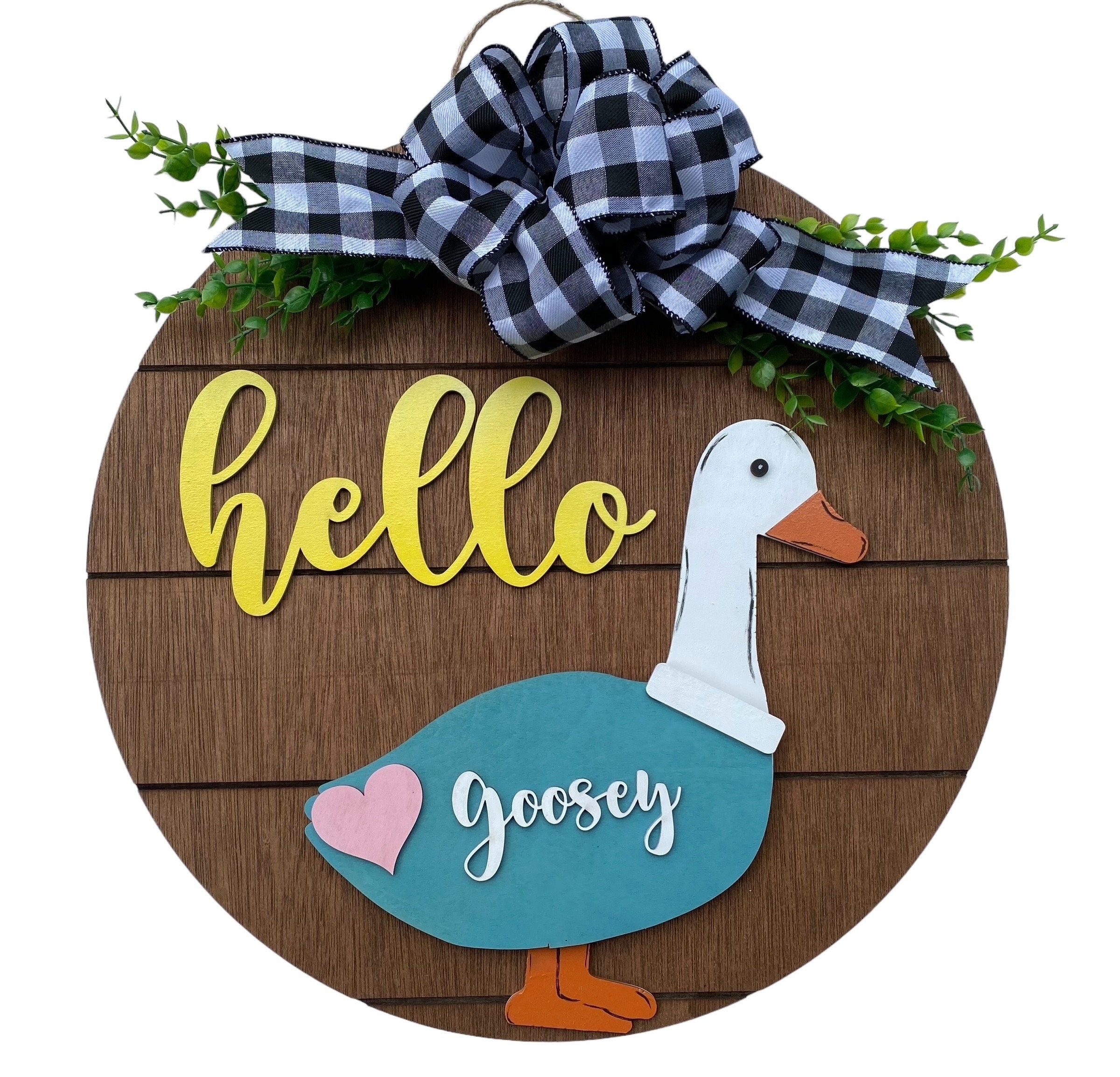 Hello Goose - Goosey - Interchangeable Holidays Seasons - Large Round Wooden Shiplap Door Hanger / Wreath/Sign - Porch Goose - Gift Mom
