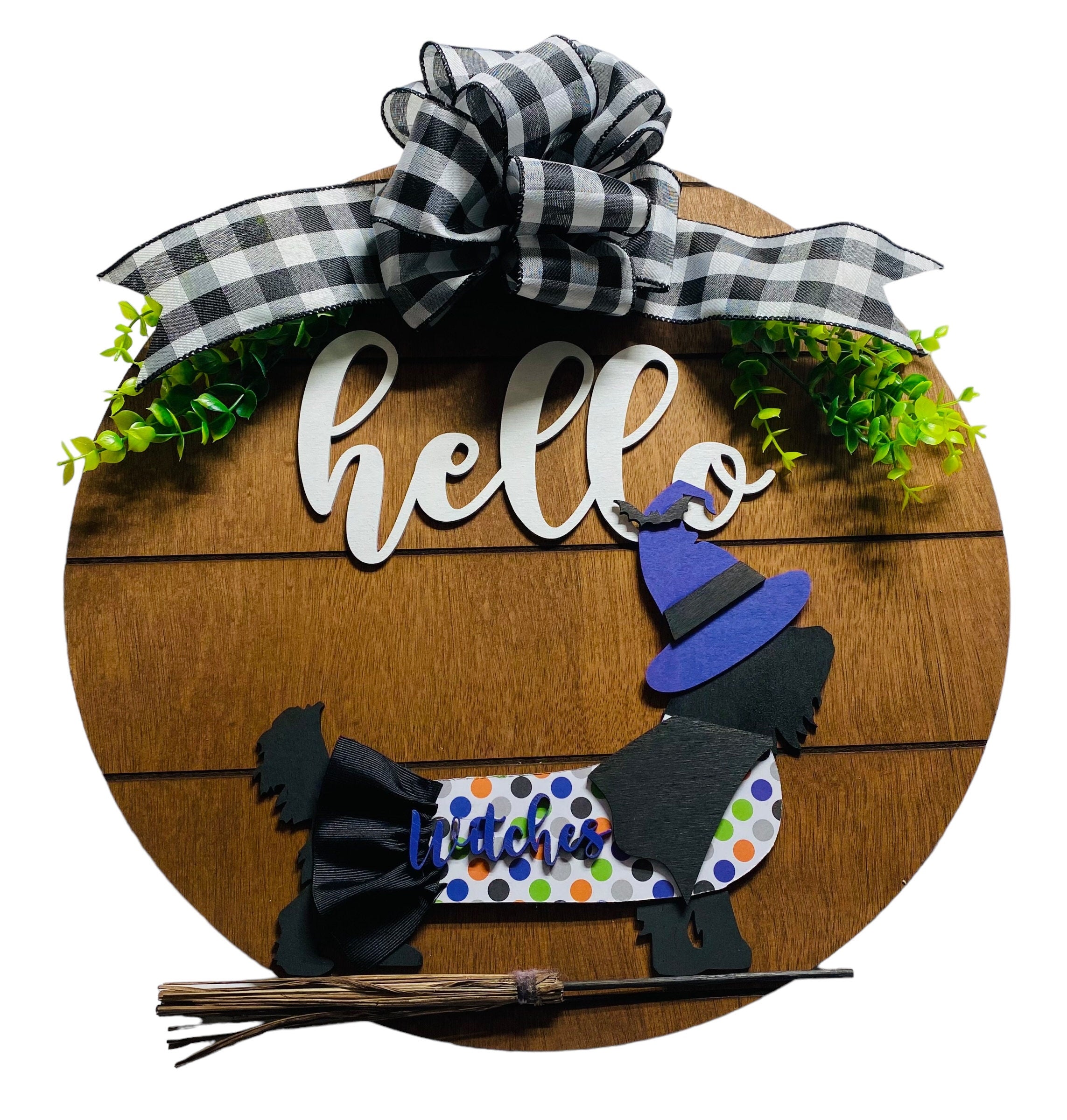 Add on Outfit for Yorkie Frenchie Pug - Halloween - Witch  - Dog - Large Round Wooden Shiplap Door Hanger / Wreath / Sign