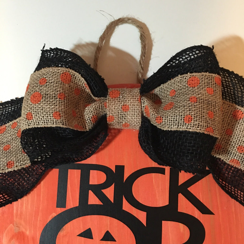 12" Round Orange Wooden Halloween Trick or Treat Door Sign / Wreath