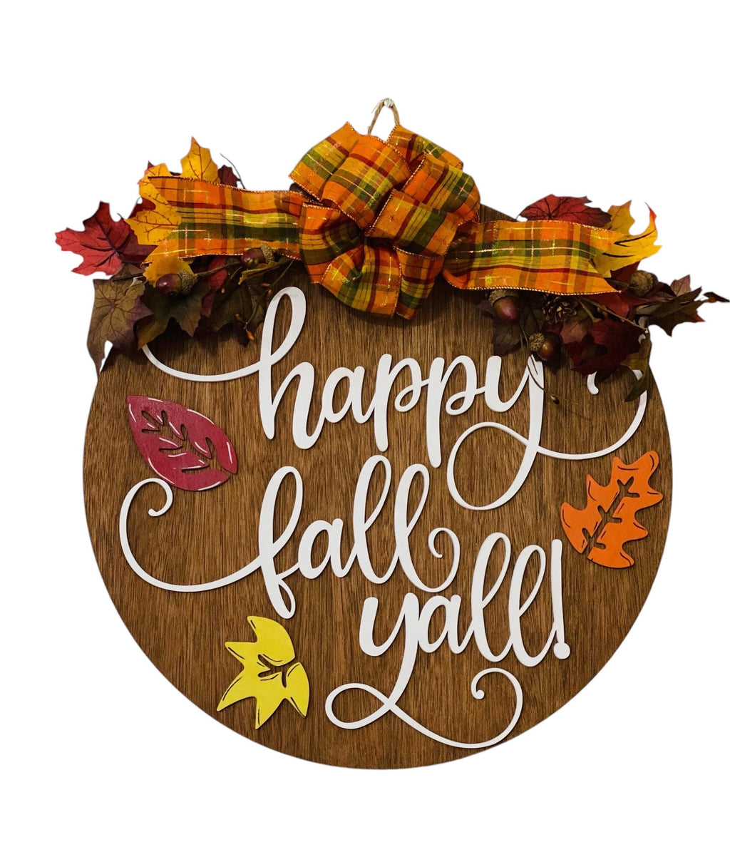 Happy Fall Y'All - Leaves -  18" Wooden Fall Door Sign / Wreath