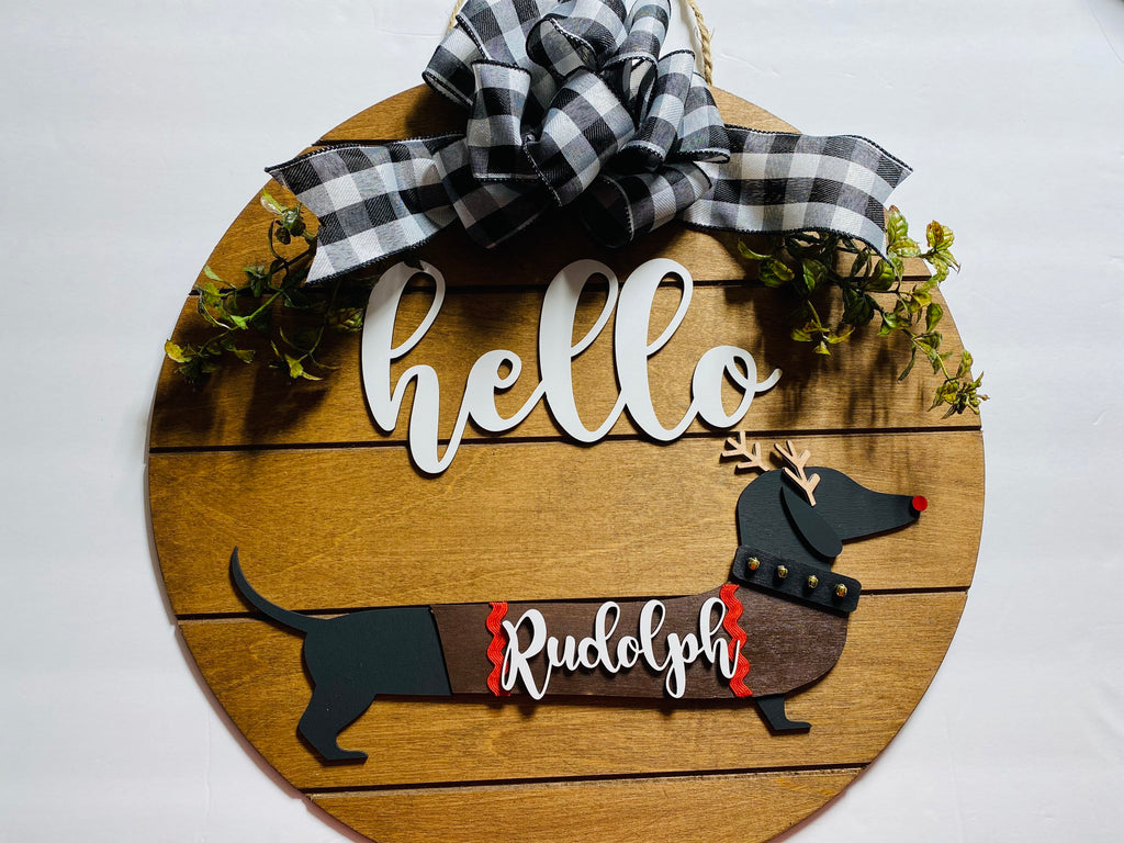 Add on Outfit for Dachshund Doxie - Rudolph the Red Nose Reindeer - Weiner Dog - Large Round Wooden Shiplap Door Hanger / Wreath / Sign